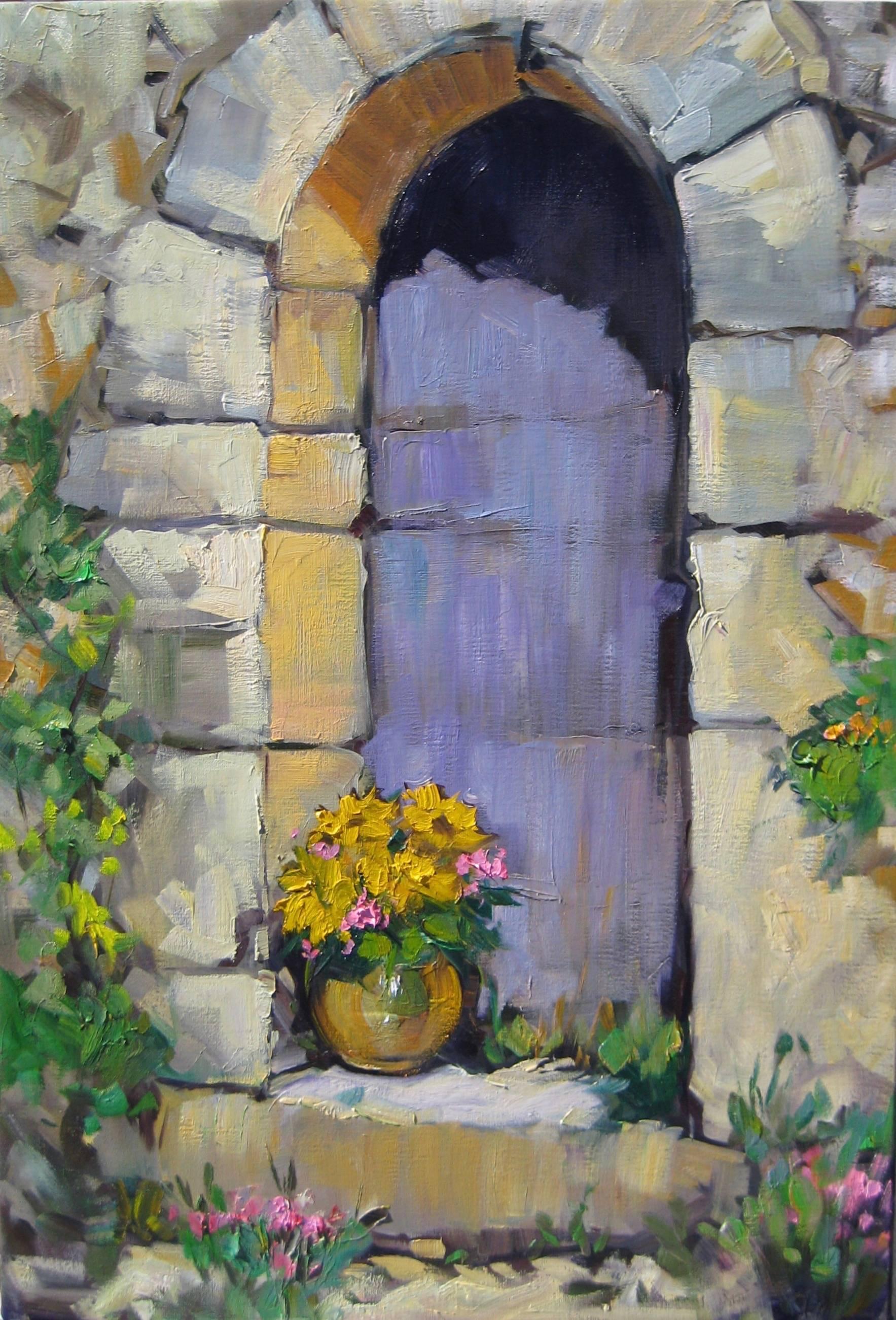 Maria Bertan Landscape Painting - Contemporary Impressionist Oil Painting Of Provence Doorway by Maria Bertran