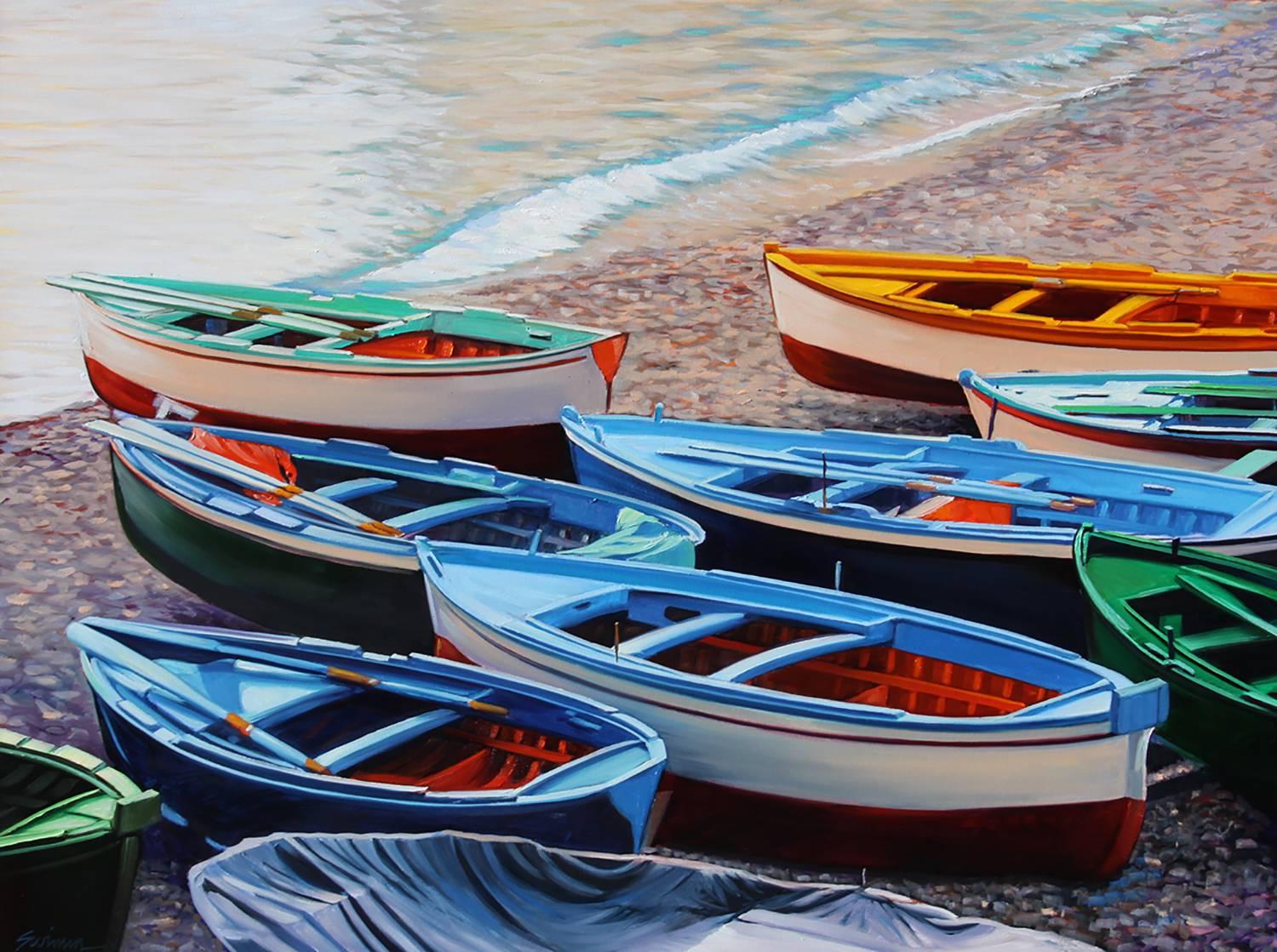 A stunning example of Tom Swimm's enhanced realism, this large oil painting of colorful fishing boats on the Amalfi Coast beach features a cornucopia of color, and is accurately titled "Rainbow of Boats." This brilliant image of Southern Italy