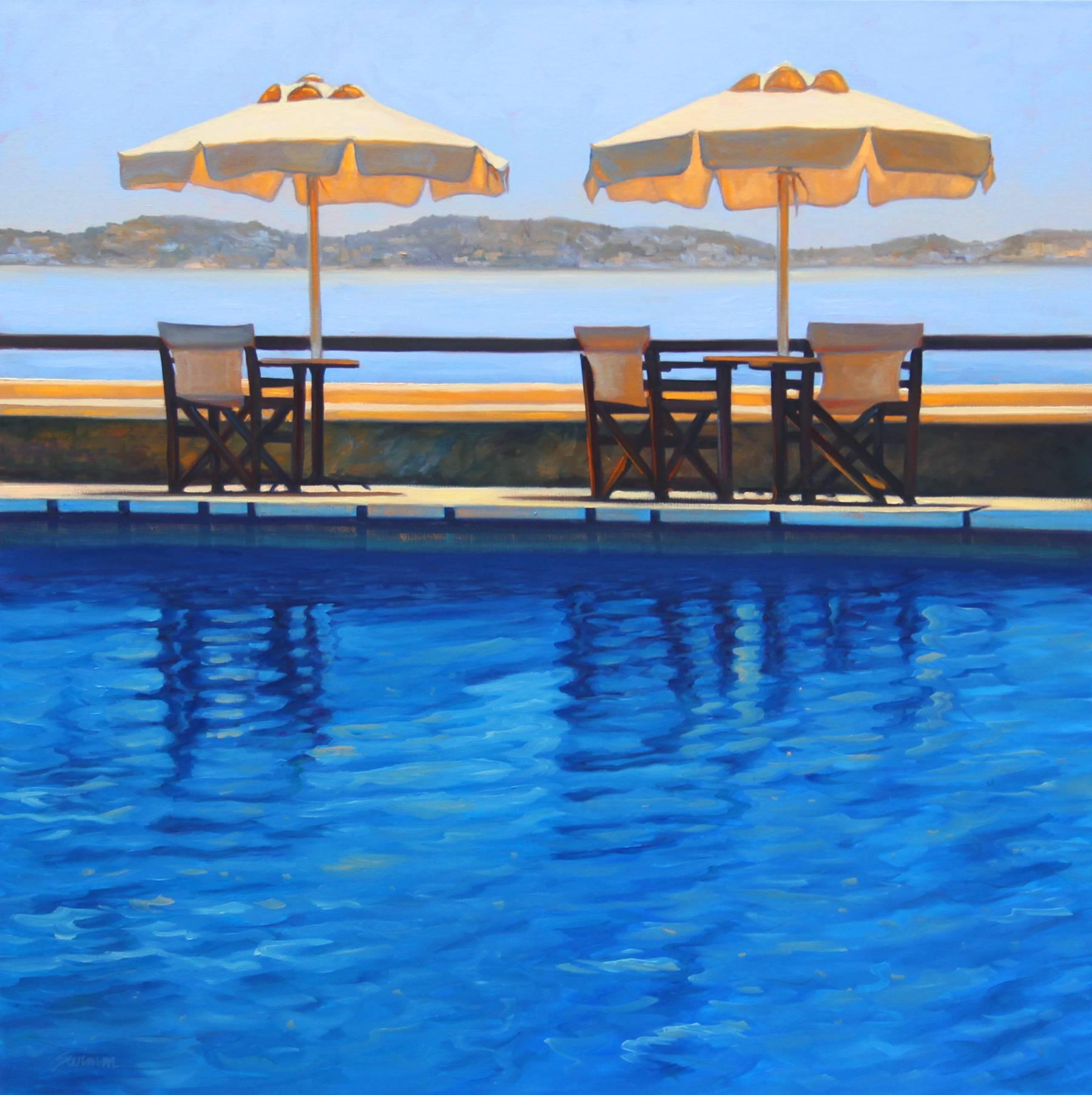 A stunning example of Tom Swimm's enhanced realism, this large oil painting of colorful umbrellas by a shimmering blue pool with the ocean in the background creates a tranquil, vacation mood."  This brilliant image of Mykonos, Greece exhibits the