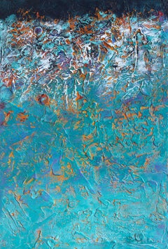 "Float'" by Nancy Eckels abstract painting with cool blues and strong textures