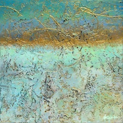 "Golden Seas" by Nancy Eckels abstract painting with cool greens and gold color