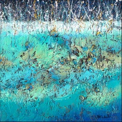"Splashes of Bling" by Nancy Eckels abstract painting with textural blue-greens