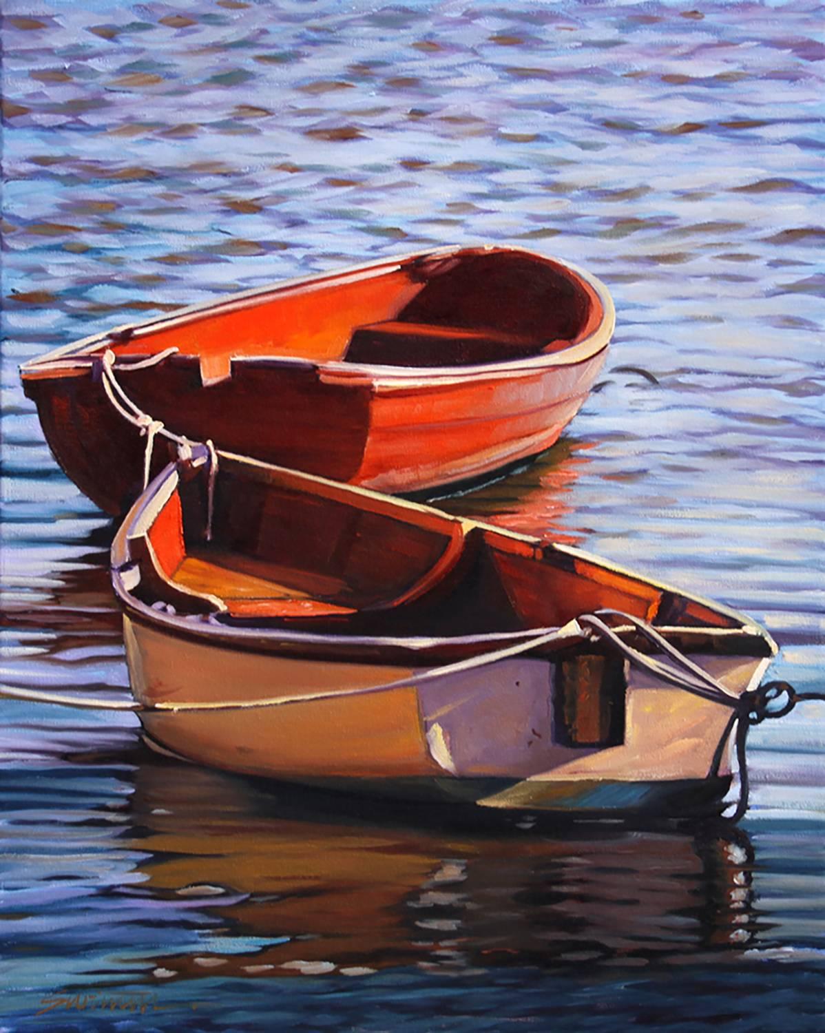   Rippling water reflections in lavender and blue contrast with the brilliant red and orange of two rowboats in "Harbor Duet," a quintessential example of Tom Swimm's enhanced realism. This colorful oil painting exhibits all of  the bold colors and