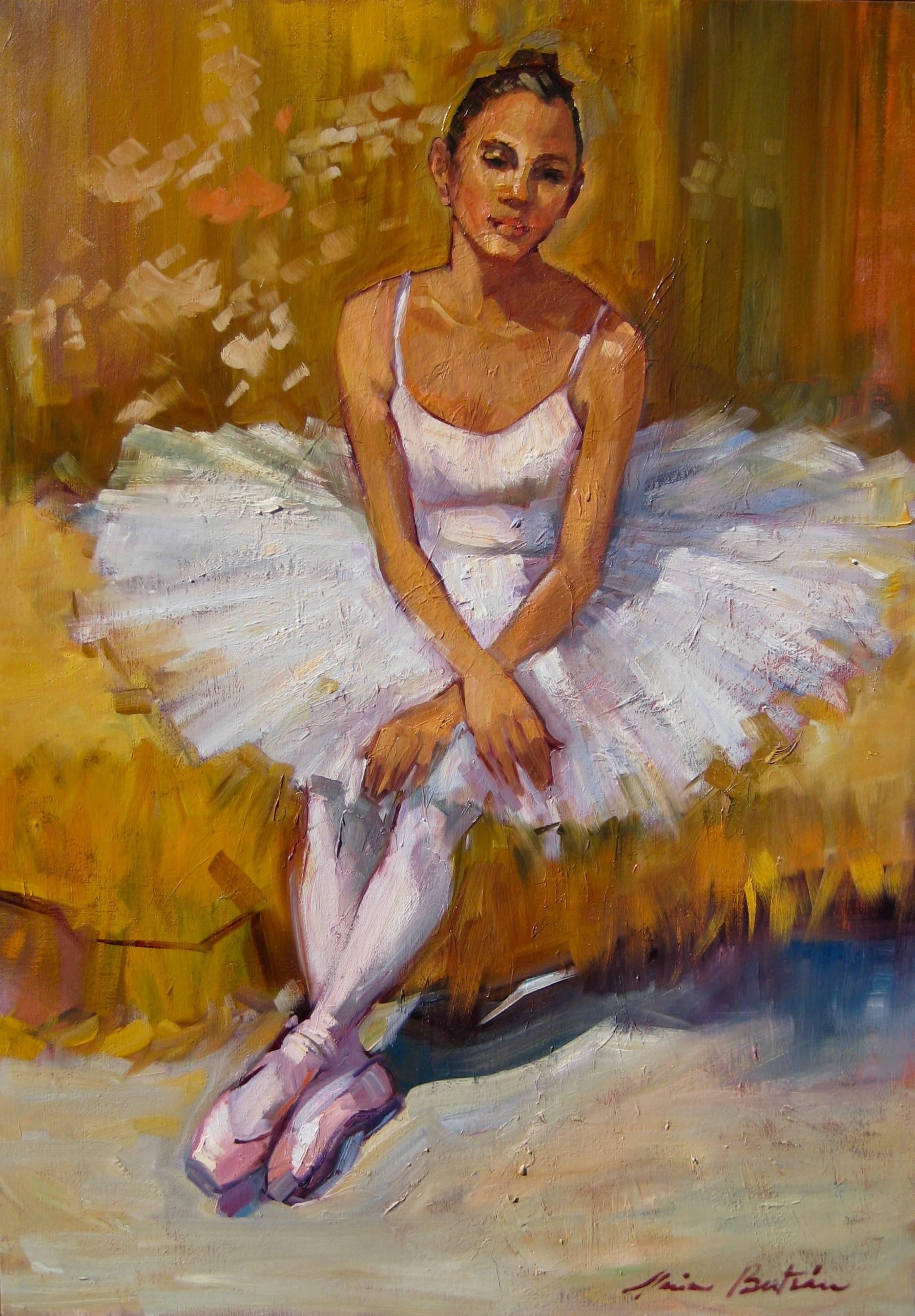 Maria Bertrán Landscape Painting - "Ballerina At Rest" Modern Impressionist Figure Oil Painting by Maria Bertran
