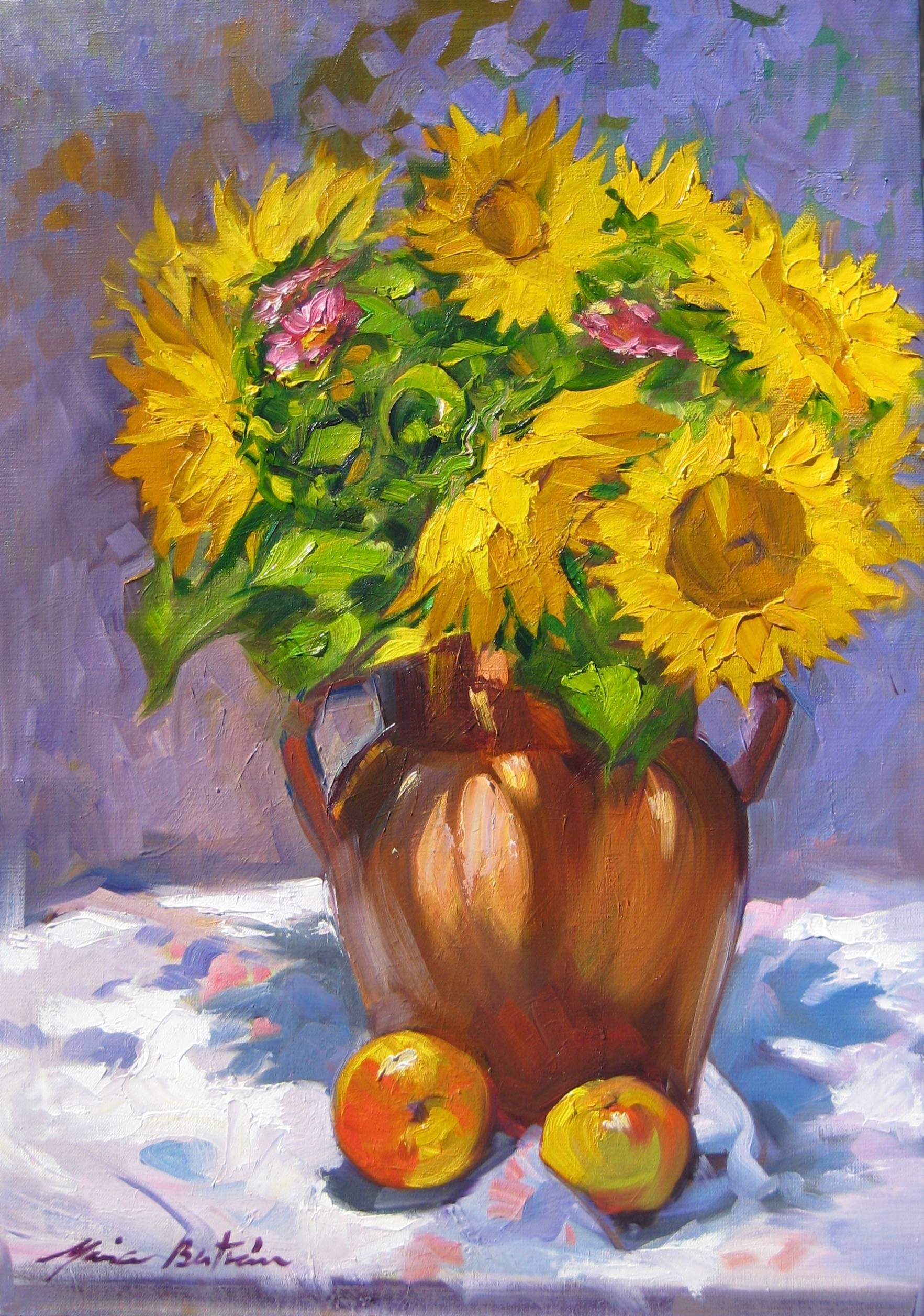 Zeitgenössisches impressionistisches Gemälde „Sunflowers and Purples“ von Maria Bertran, „Sonnenblumen“