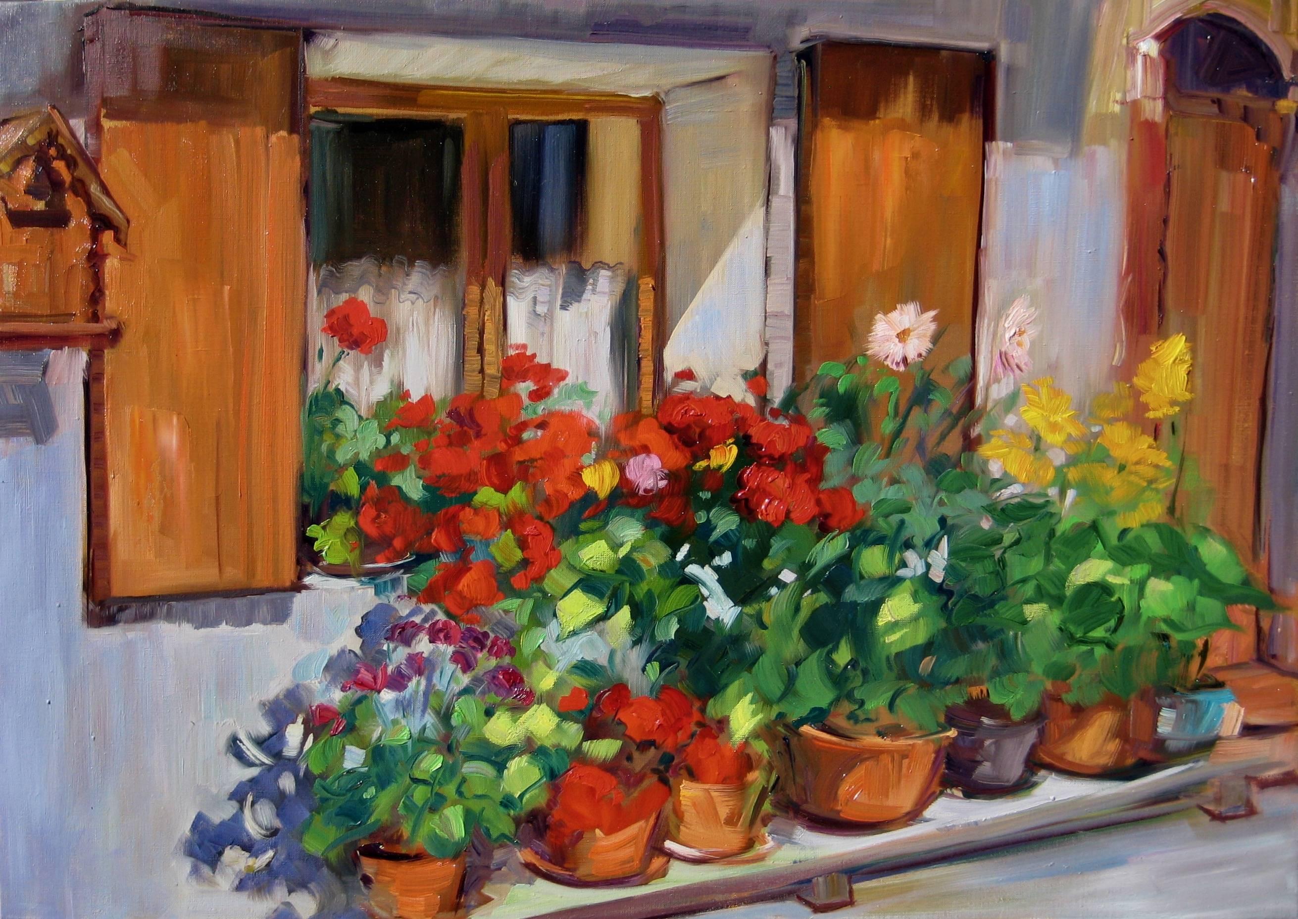 Maria Bertrán Landscape Painting - "Roses In Theresa's Window"  Impressionist Painting of Provence by Maria Bertran