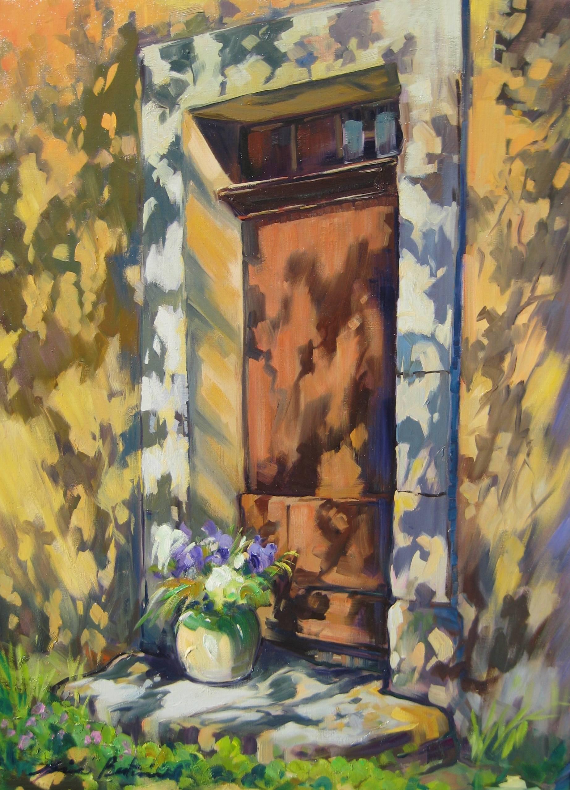 Landscape Painting Maria Bertrán - Peinture à l'huile impressionniste contemporaine « Shadows On The Door » de Maria Bertran