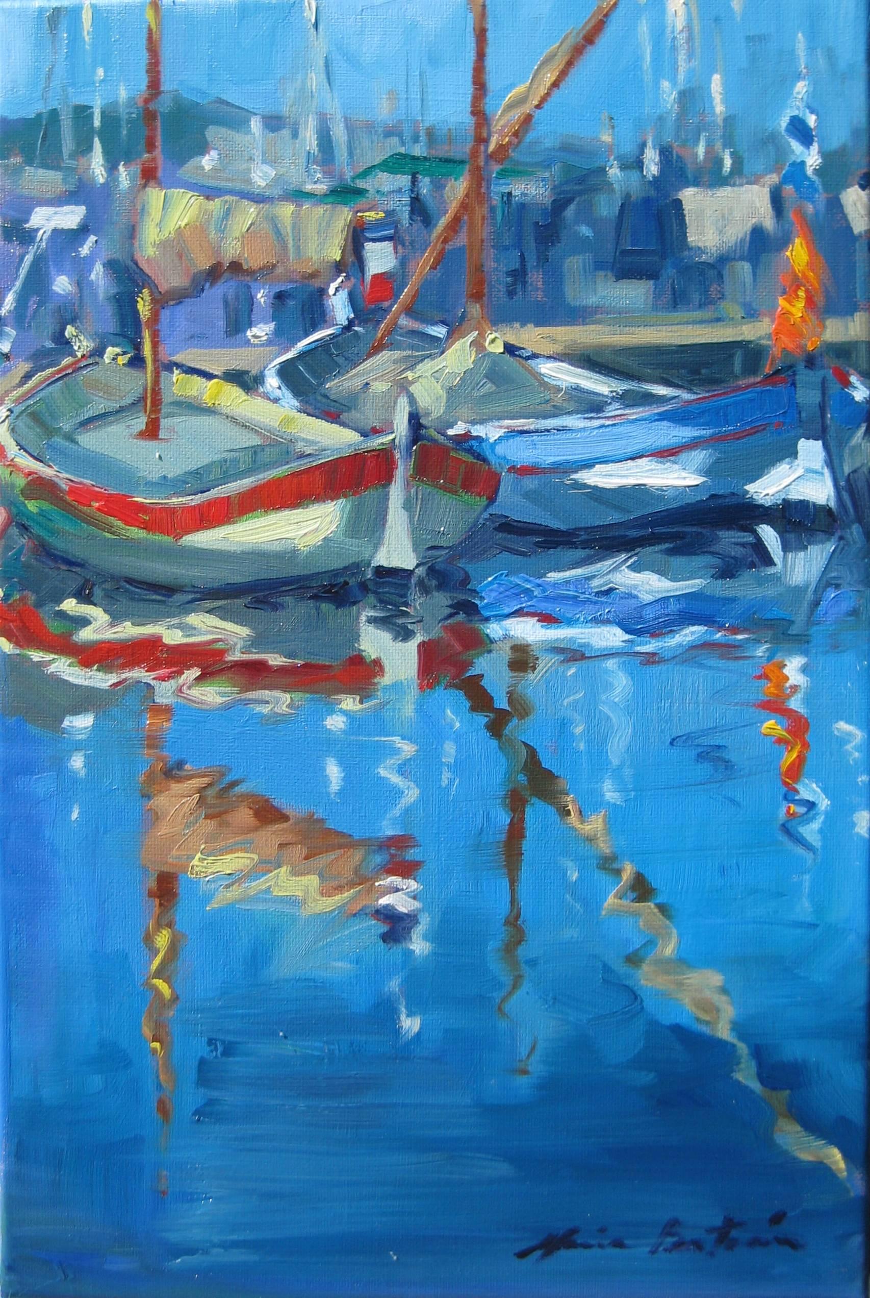 "Reflections of The Mast," Impressionist French Riviera Boats by Maria Bertran