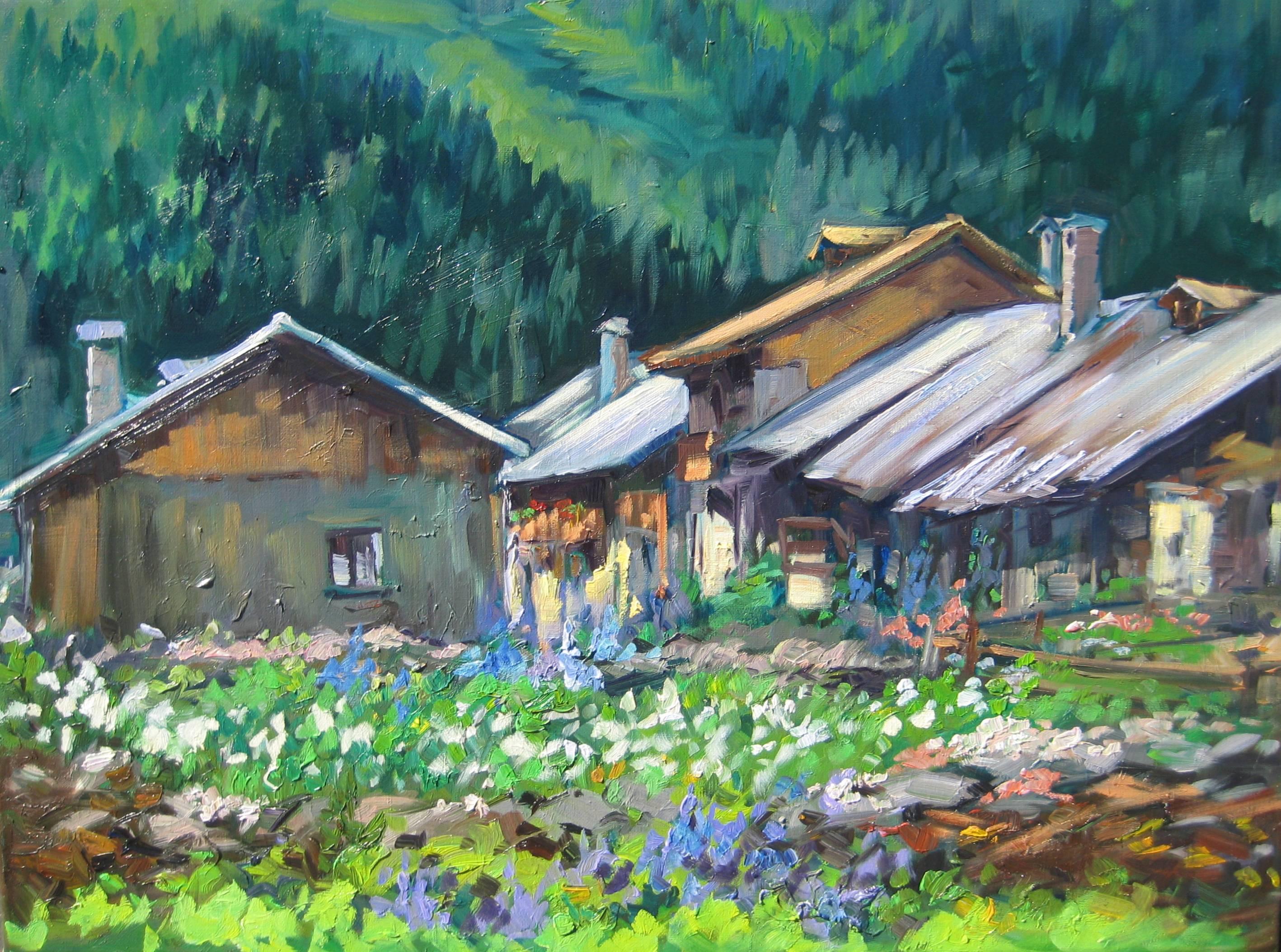 Landscape Painting Maria Bertrán - « Garden In Bloom, Champagny »  Peinture à l'huile des Alpes françaises par Maria Bertran