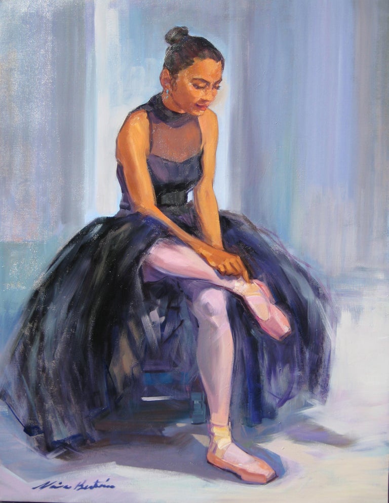 Maria Bertran Landscape Painting - "Before The Dance" Large Impressionist Figure Oil Painting of Ballerina