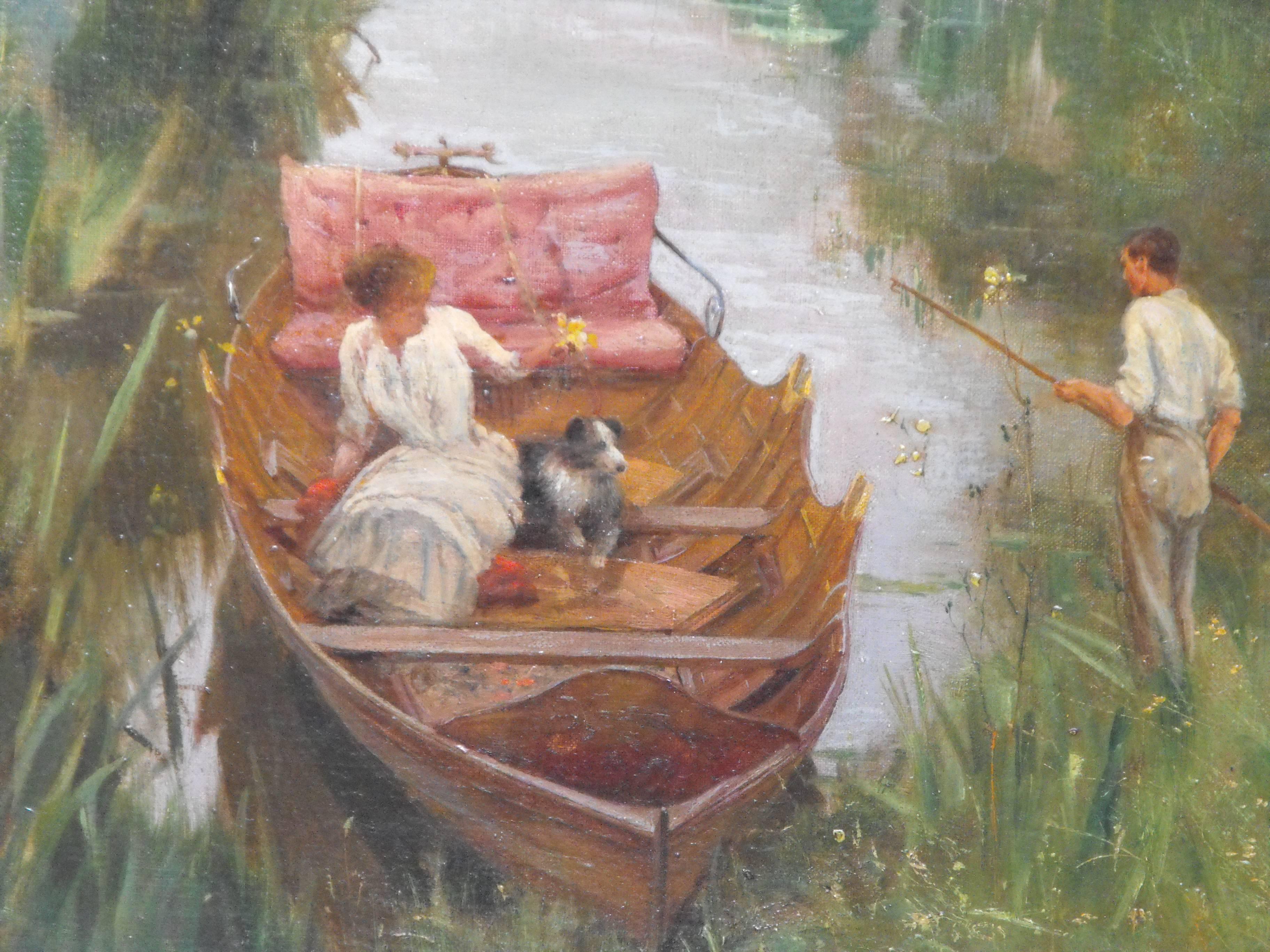 antique victorian oil painting of a summer river boating scene by E.J. Gregory - Painting by Edward John Gregory