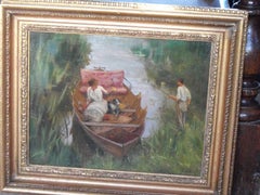 antique victorian oil painting of a summer river boating scene by E.J. Gregory