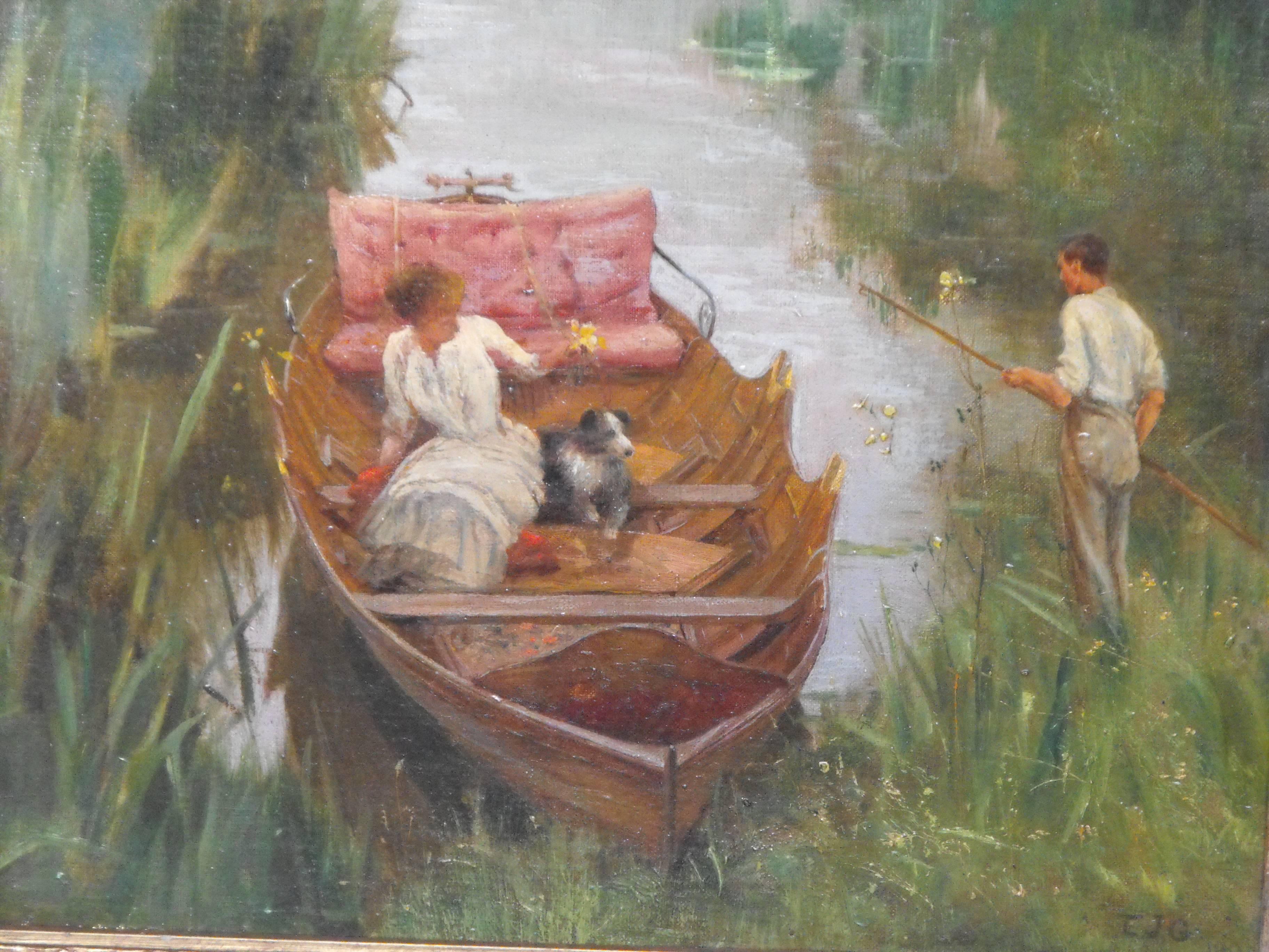 A charming believed to be a late work by Edward John Gregory antique late Victorian oil painting on canvas of a summer river boating landscape genre scene signed and dated 1900 with his initials E.J.G. which he sometimes did, especially in his later