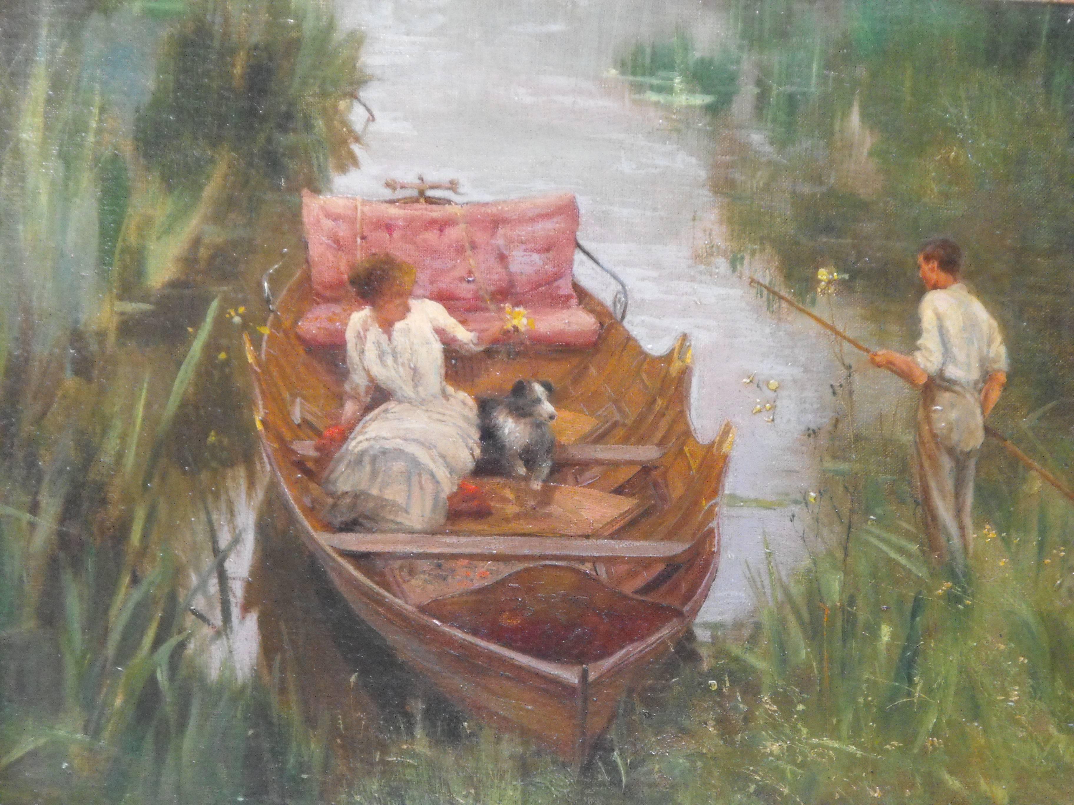 antique victorian oil painting of a summer river boating scene by E.J. Gregory For Sale 1
