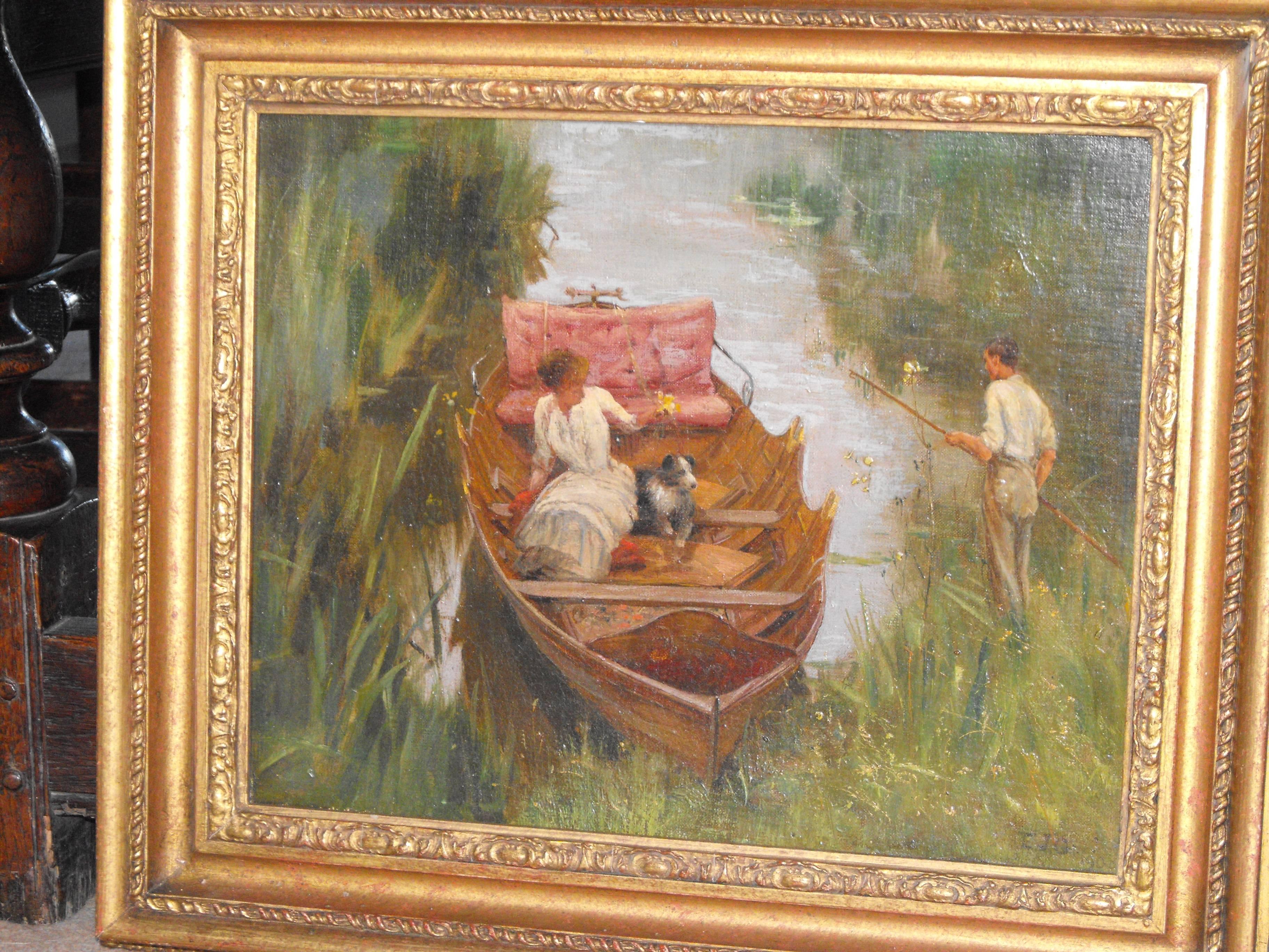 antique victorian oil painting of a summer river boating scene by E.J. Gregory For Sale 4