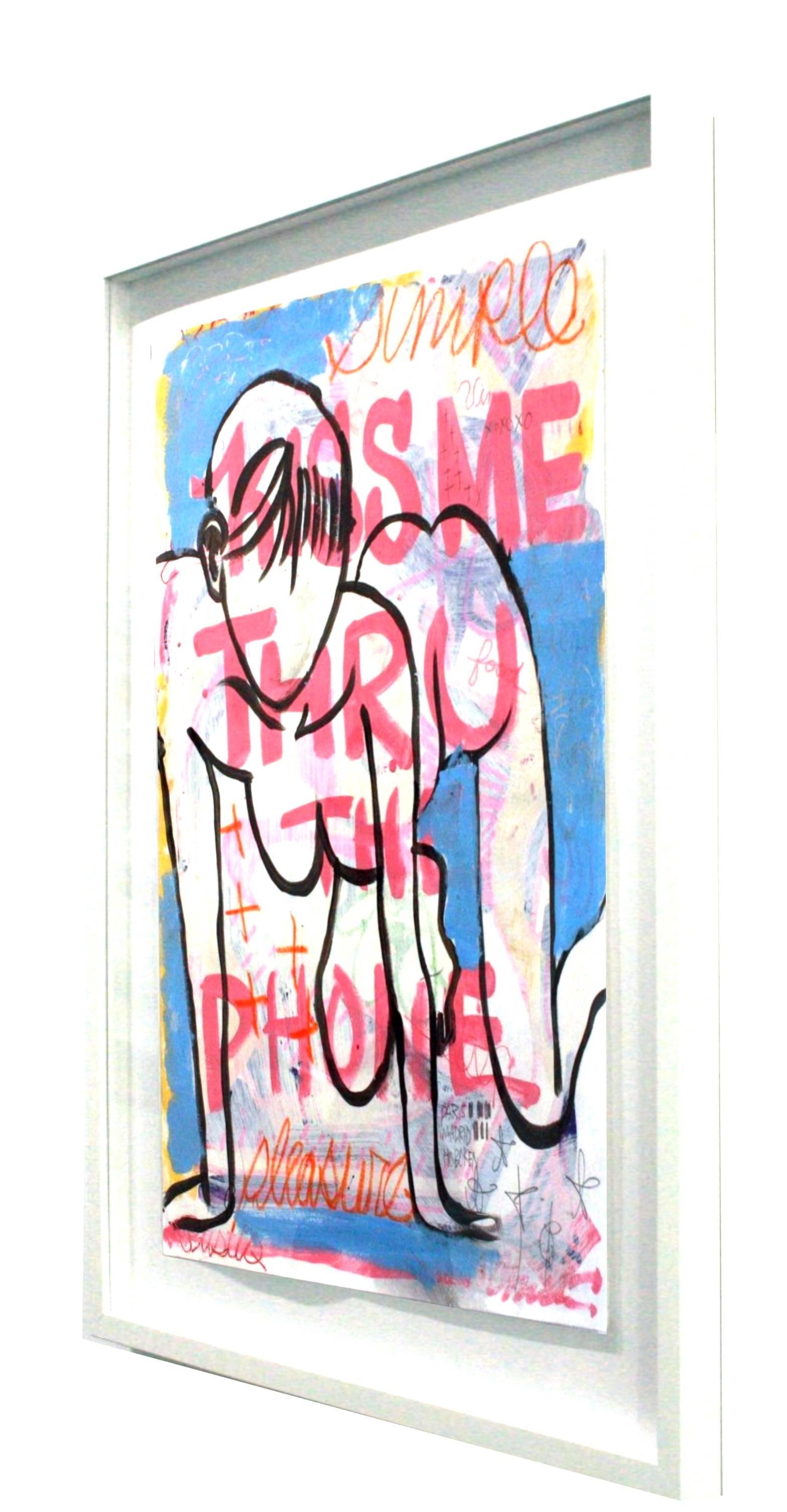 Kiss Me Thru the Phone - mixed media on paper painting by Christopher Johnson For Sale 2