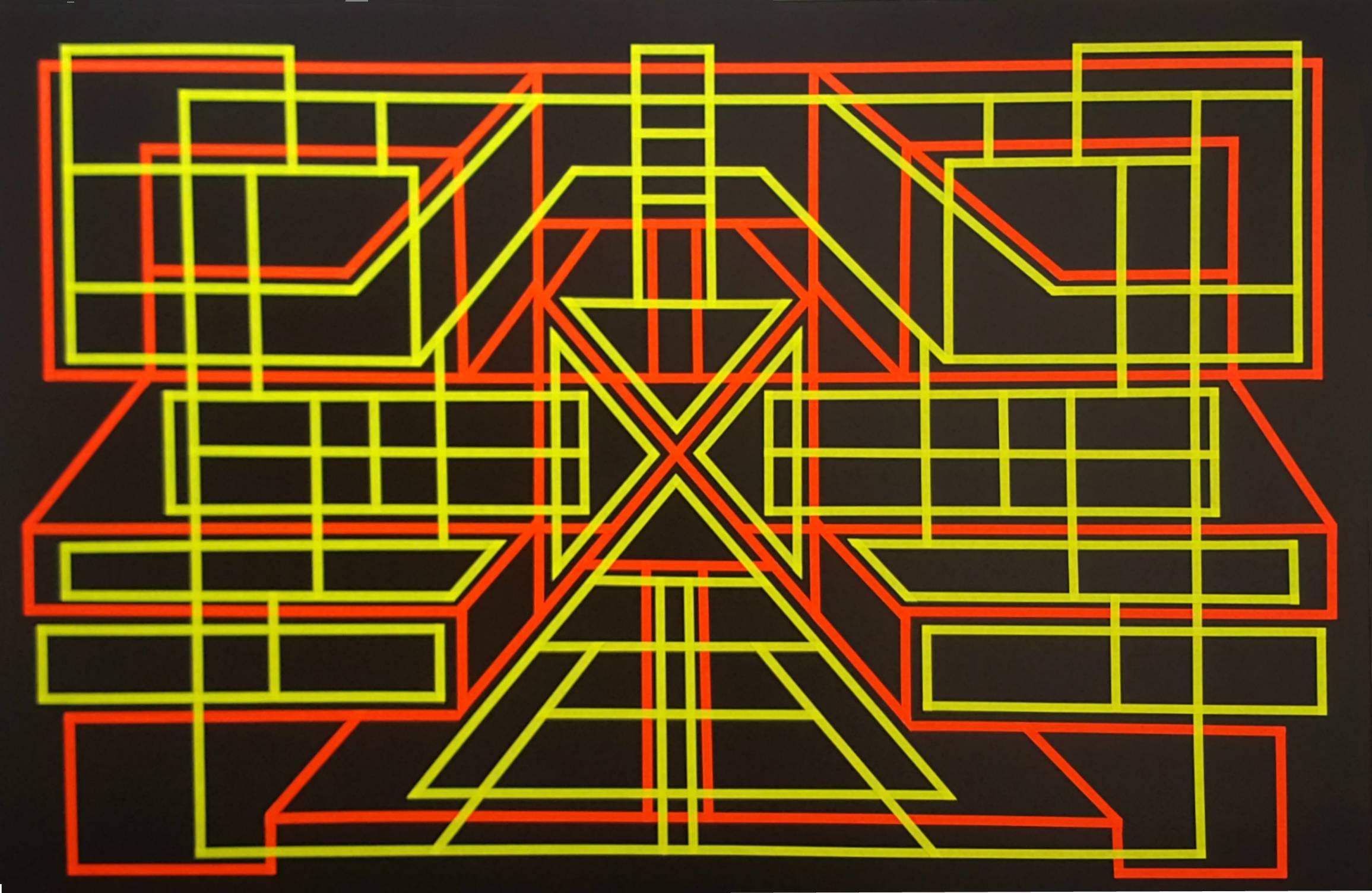 "Gateway 64" by Gazoo ToTheMoon is a unique, mixed media on wood artwork signed by the artist on the back. The tape glows under black light. It comes with a numbered and signed certificate of authenticity.

Gazoo ToTheMoon’s paint installations,