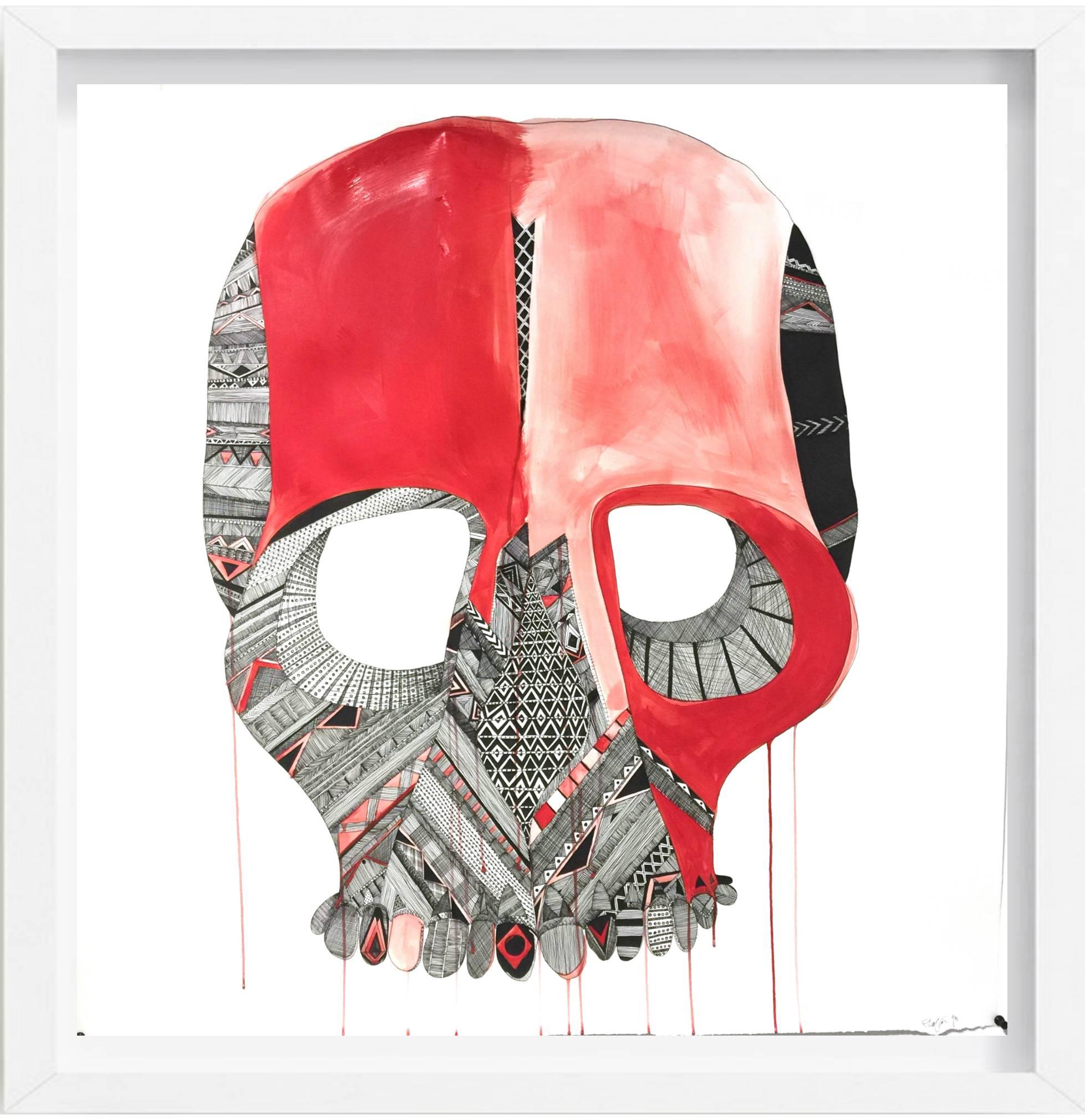 Senza Volto - framed ink on paper painting of a skull by Matthew Floriani For Sale 1