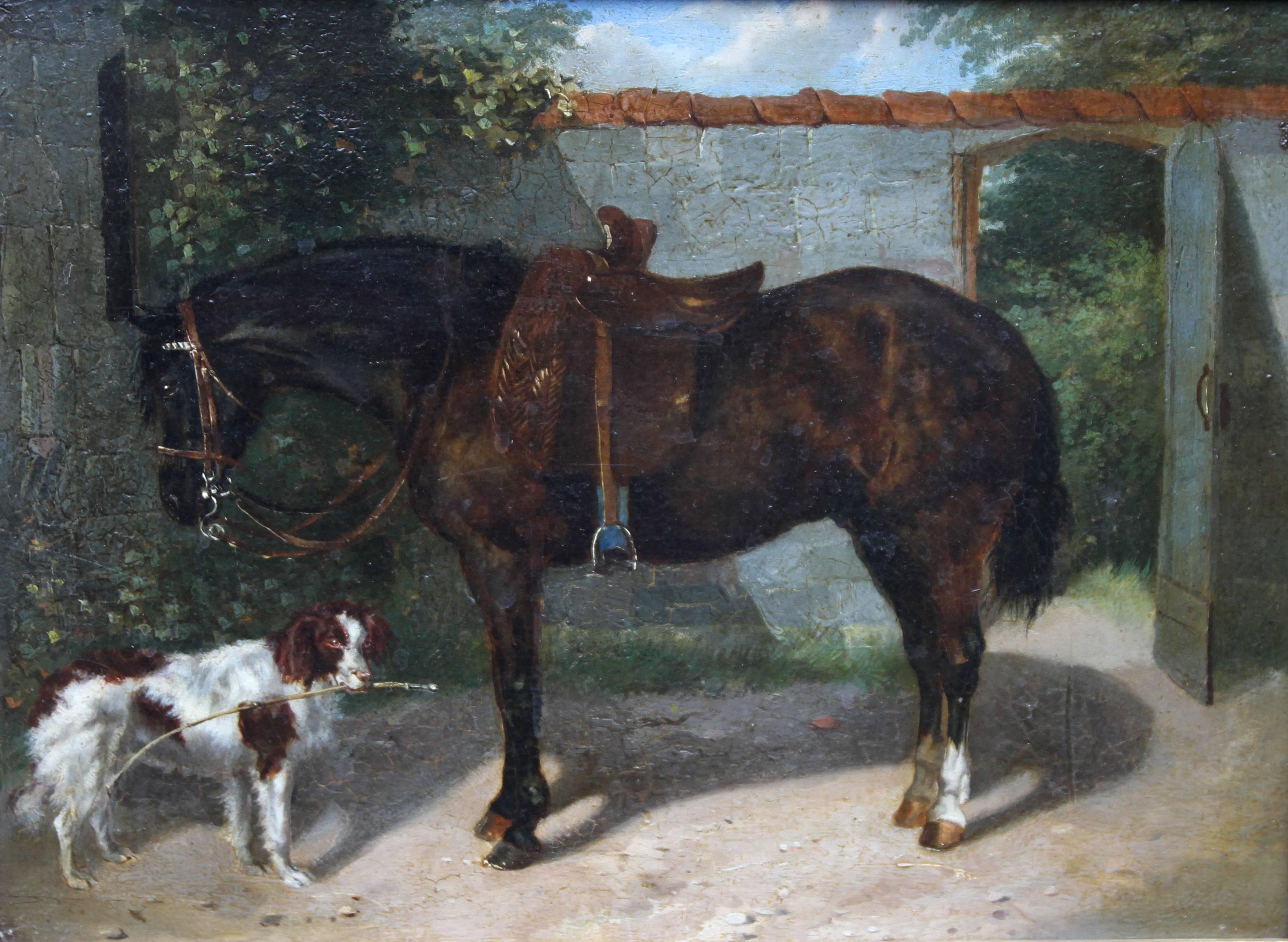 Horse and Dog - British oil painting animal art equine English Springer Spaniel - Painting by Unknown