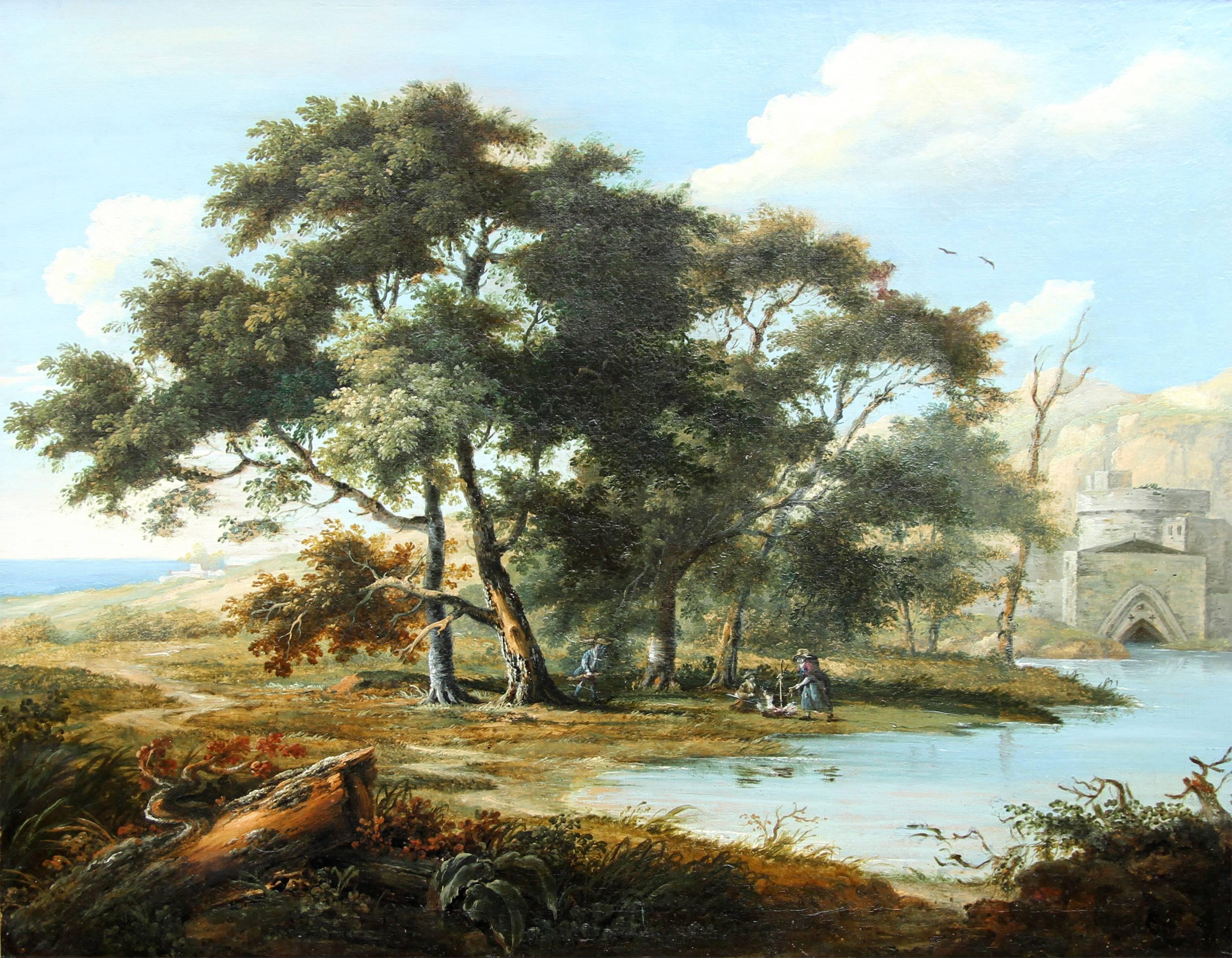Italian Capriccio - Old Master British oil painting landscape trees travellers  - Painting by Richard Wilson (circle)