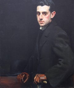 Portrait of a Gentleman - Oil painting man top hat gloves cane coat