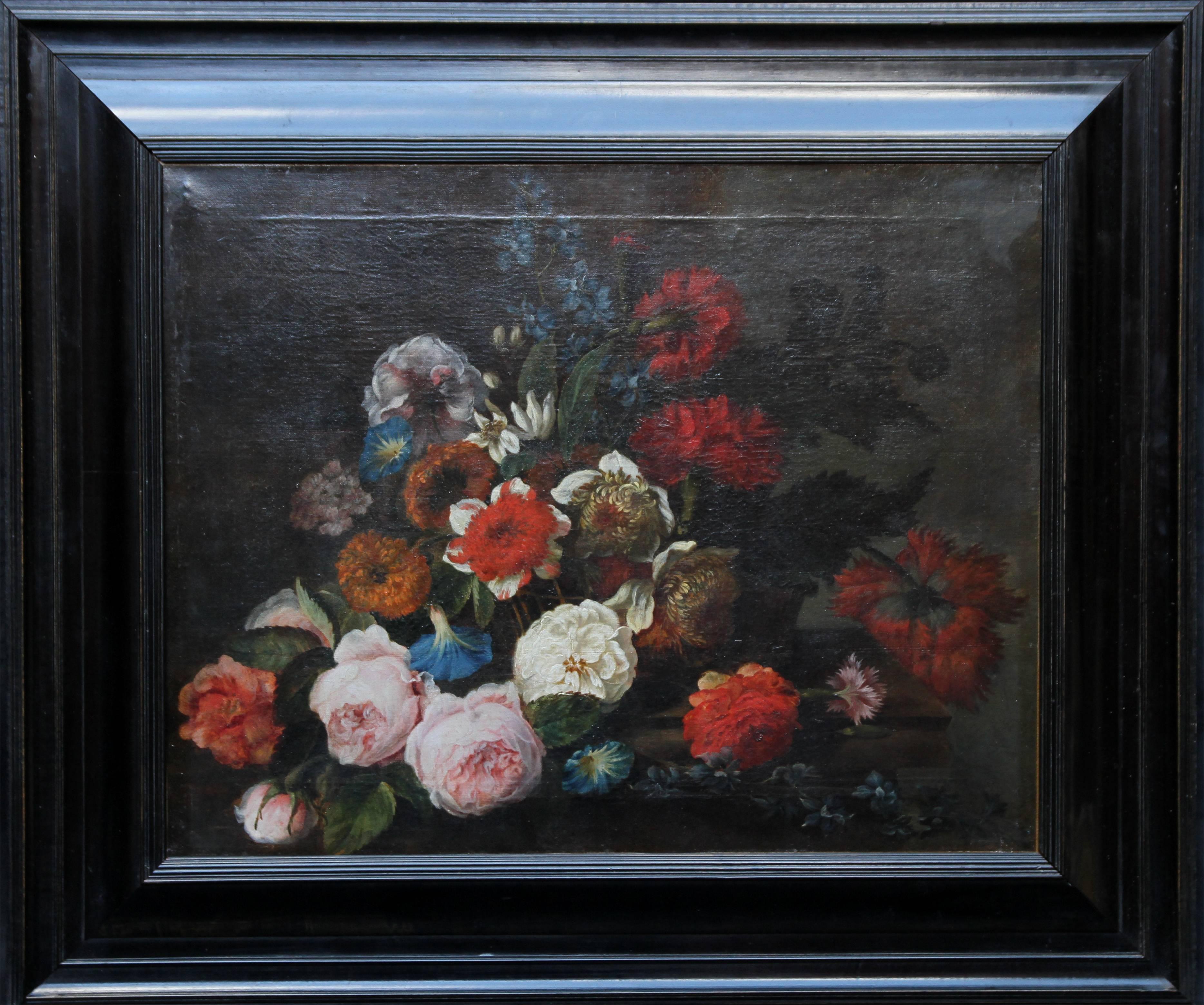 A fine oil on canvas which dates to circa 1740 and is in the Dutch School Old Master floral traditiion attributed to circle of Jan Van Huysum. A beautiful painting, it came from an estate in Scotland and depicts roses and carnations which fill the