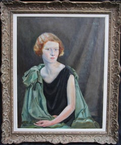 Portrait of a Lady - Art Deco oil painting British listed artist green shawl