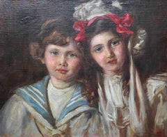 Portrait of a Young Boy and Girl - British Victorian 19thC art oil painting
