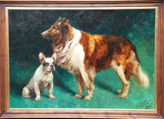 Portrait of French Bulldog and Collie Dog - American Edwardian art oil painting