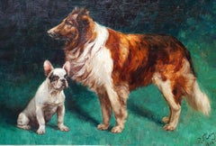 Portrait of French Bulldog and Collie Dog - American Edwardian art oil painting
