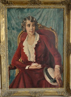 Ethel Quinn Curtis - Art Deco seated lady red dress portrait oil painting.