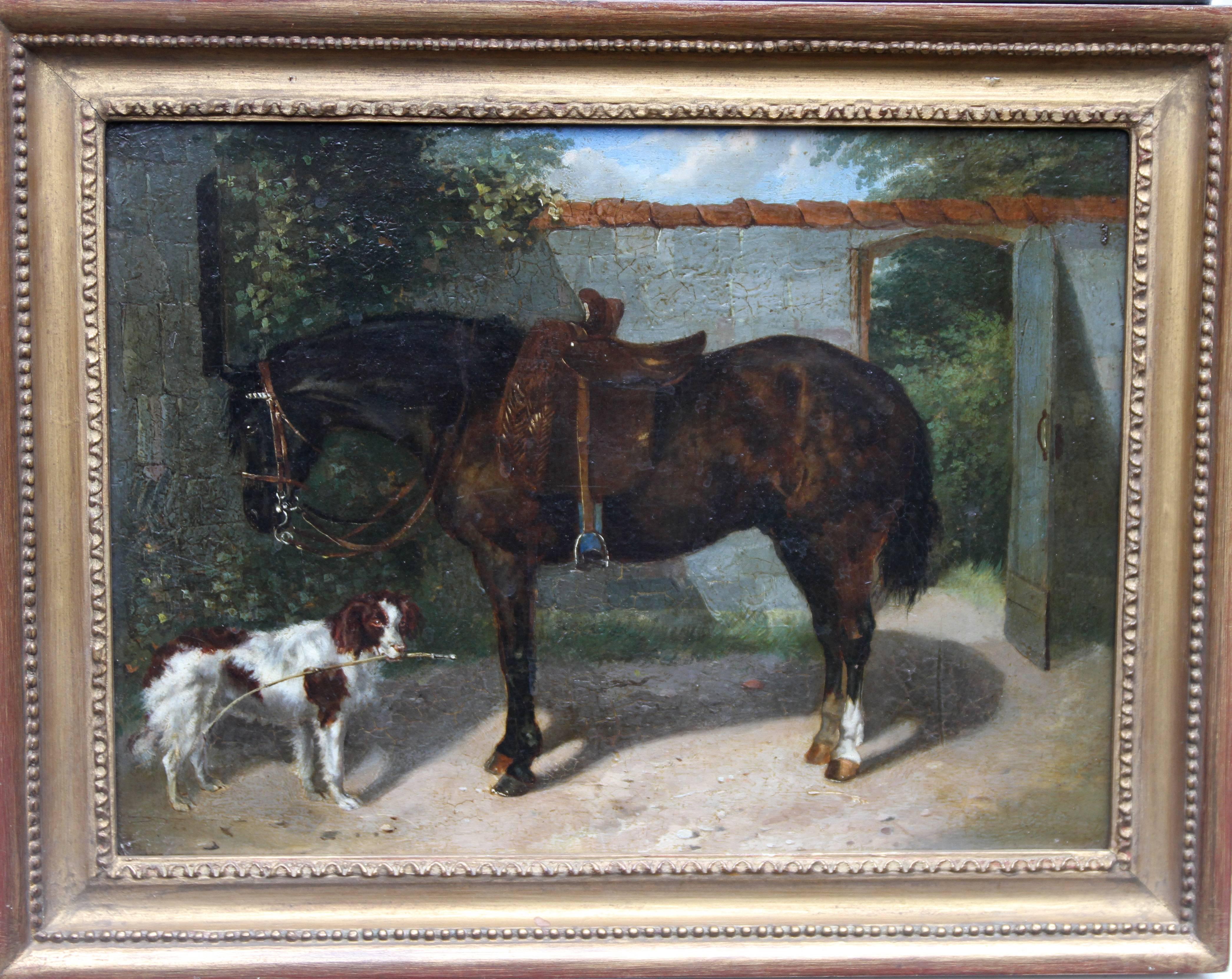 Unknown Animal Painting - Horse and Dog - British oil painting animal art equine English Springer Spaniel