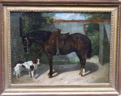 Antique Horse and Dog - British oil painting animal art equine English Springer Spaniel