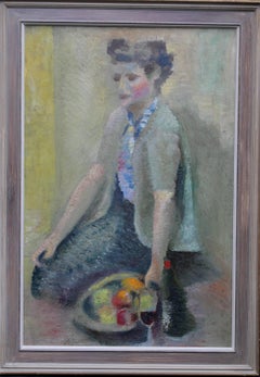 Girl with Apples- Post-Impressionist seated portrait oil painting Jewish artist