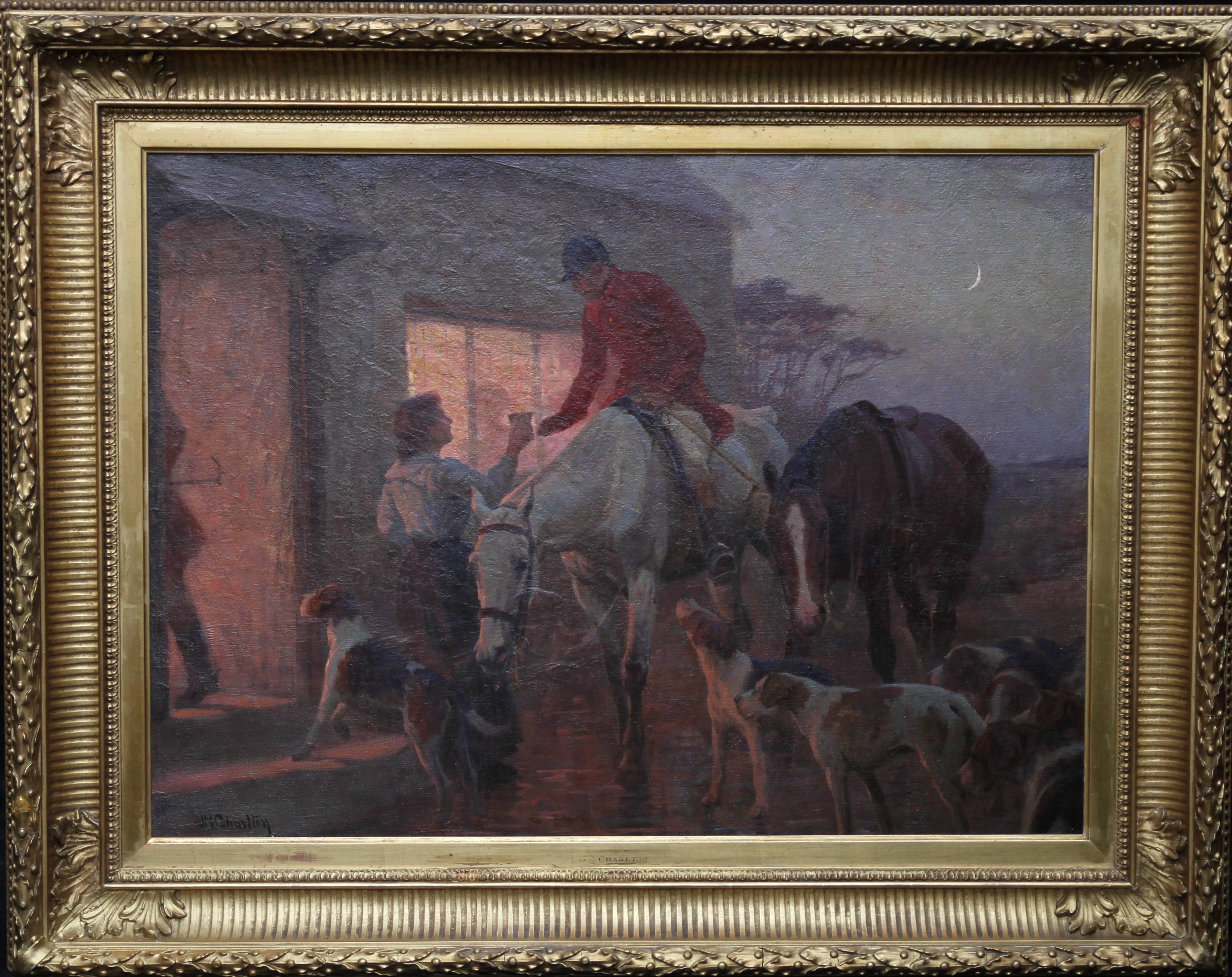 John Charlton Animal Painting - The End of day - British 1900's oil painting hunting scene inn hounds horses