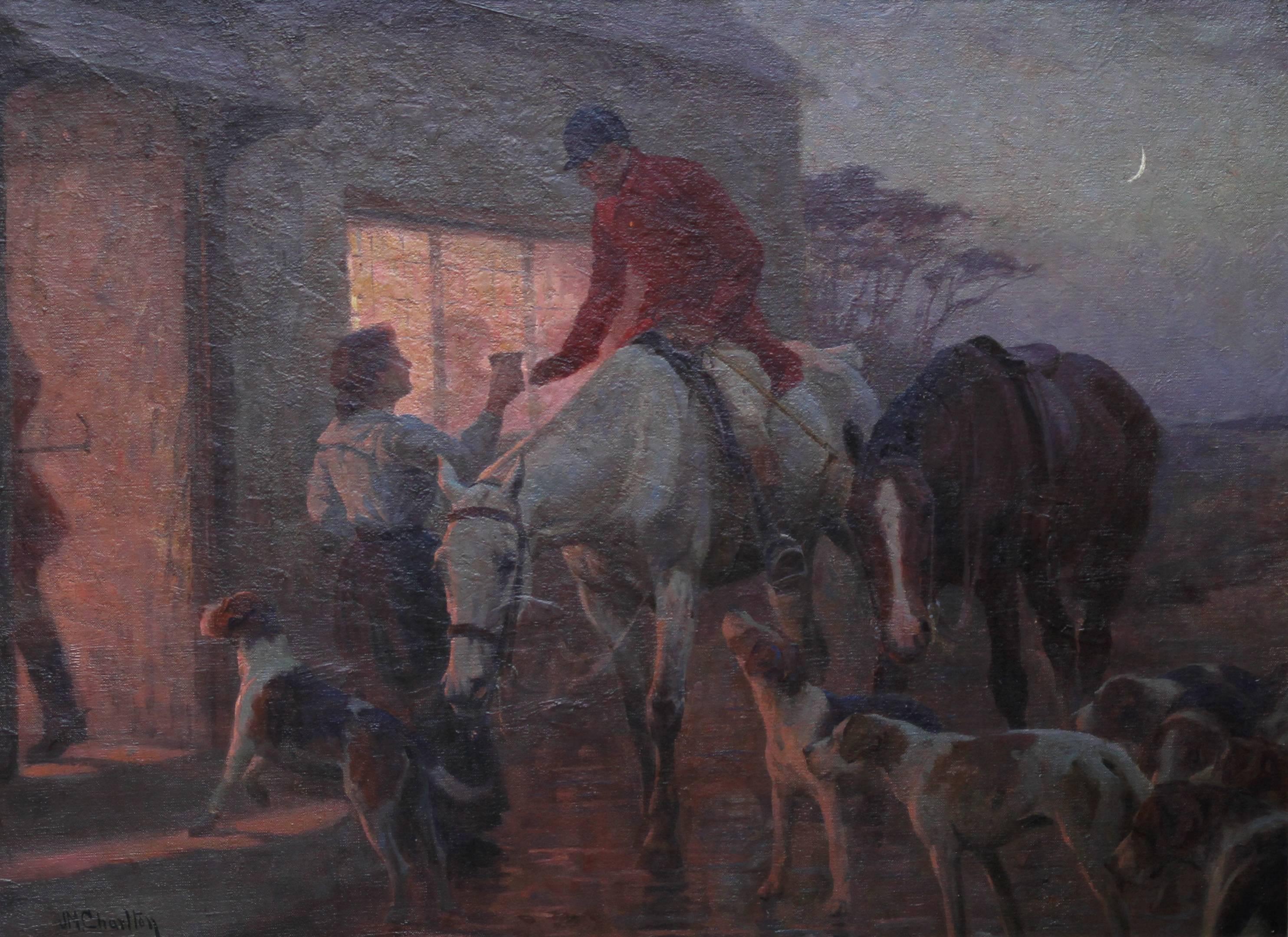 The End of day - British 1900's oil painting hunting scene inn hounds horses - Painting by John Charlton