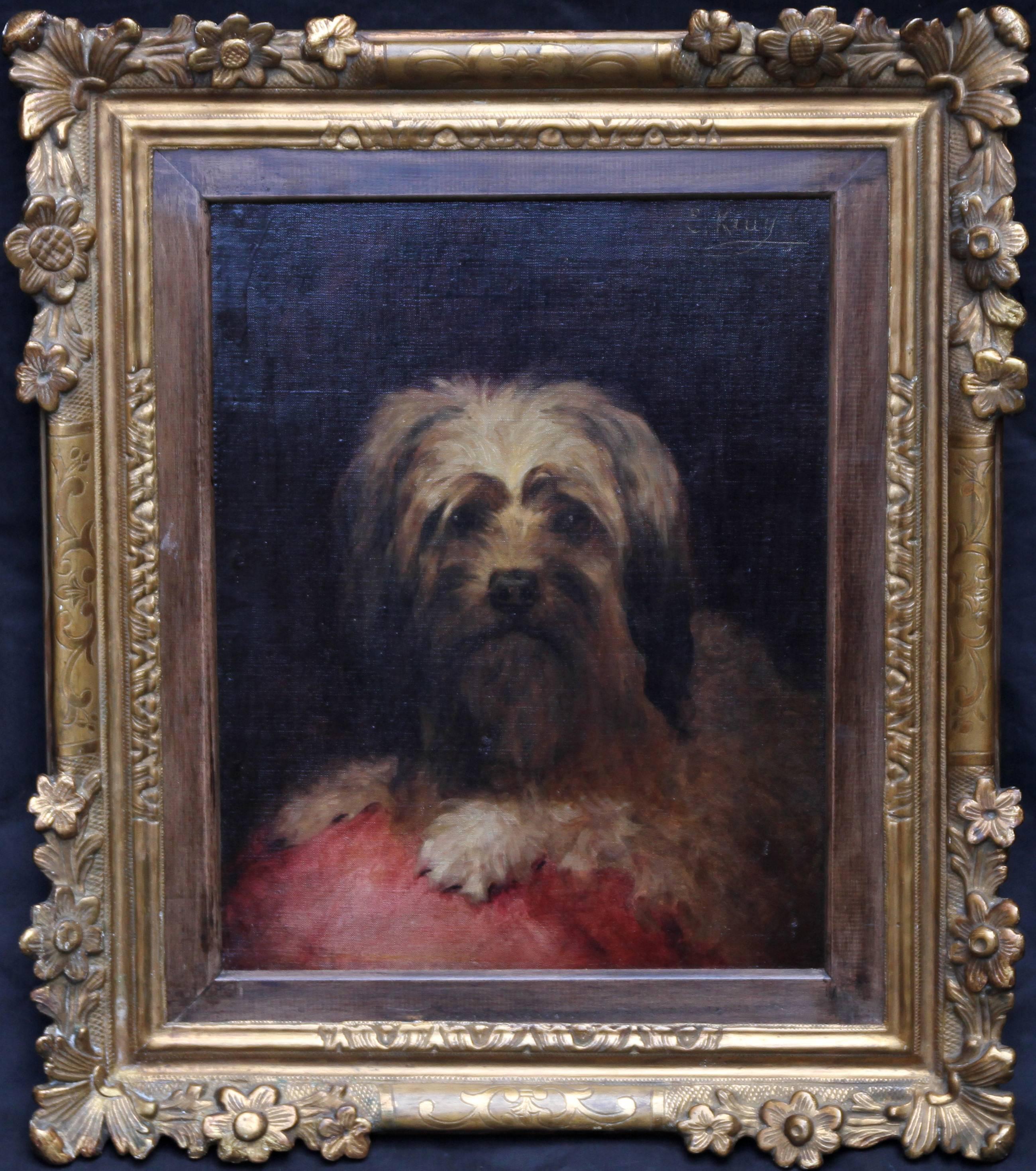 Edouard Krug Animal Painting - Portrait of a Terrier - French 19th century oil painting dog cushion animal art