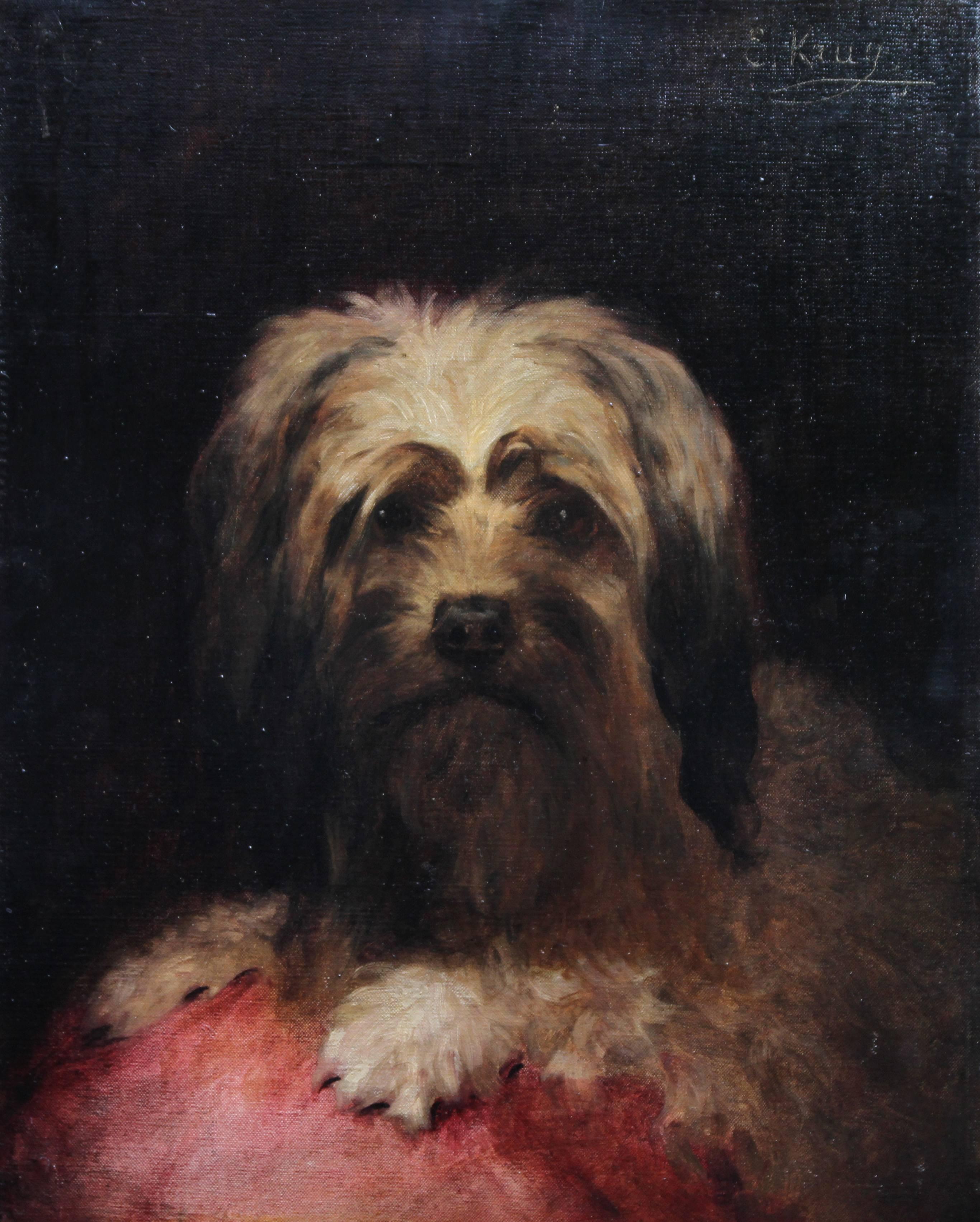 Portrait of a Terrier - French 19th century oil painting dog cushion animal art - Painting by Edouard Krug