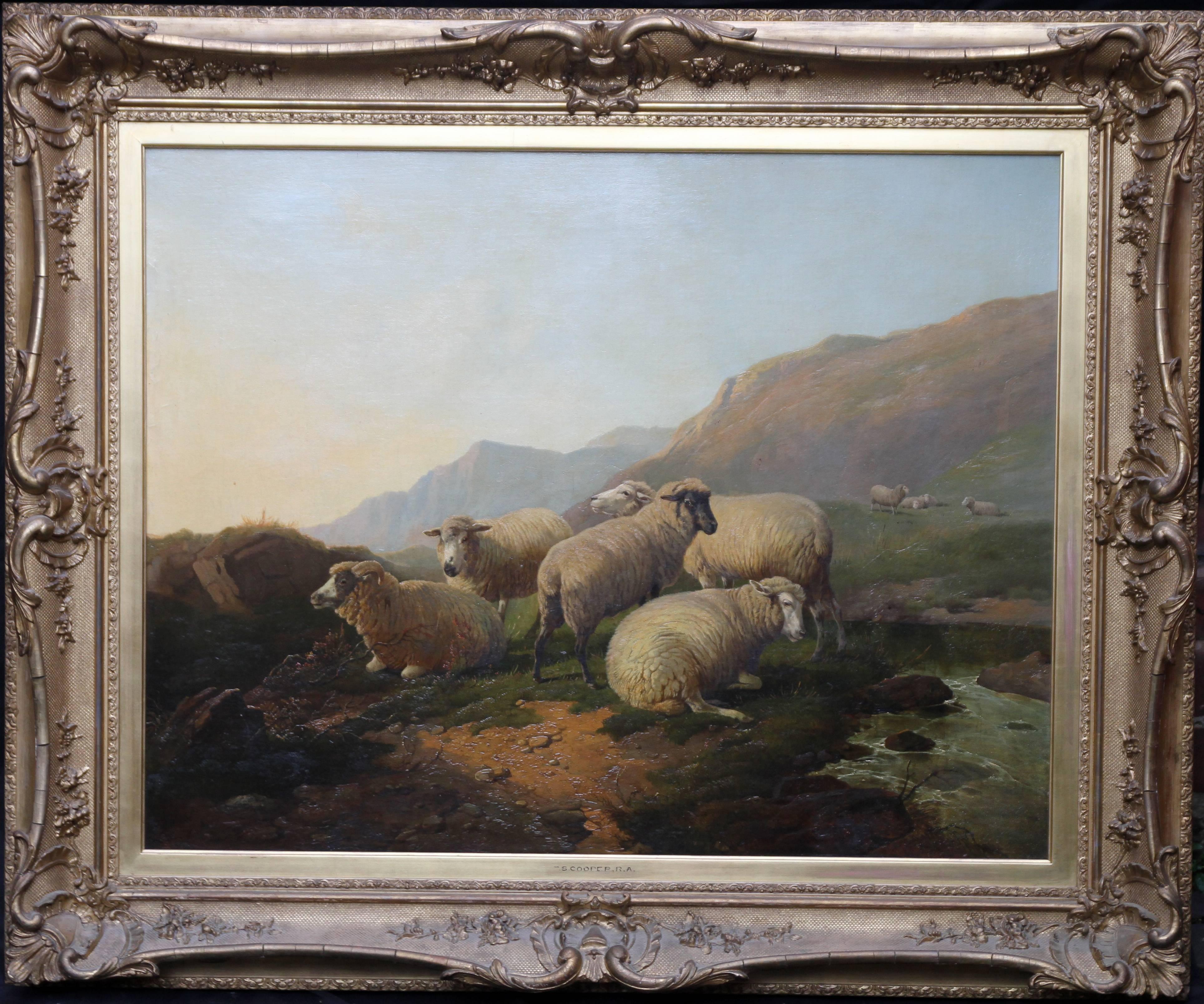 Thomas Sidney Cooper Animal Painting - Sheep in an Open Landscape - British Old Master oil painting mountains
