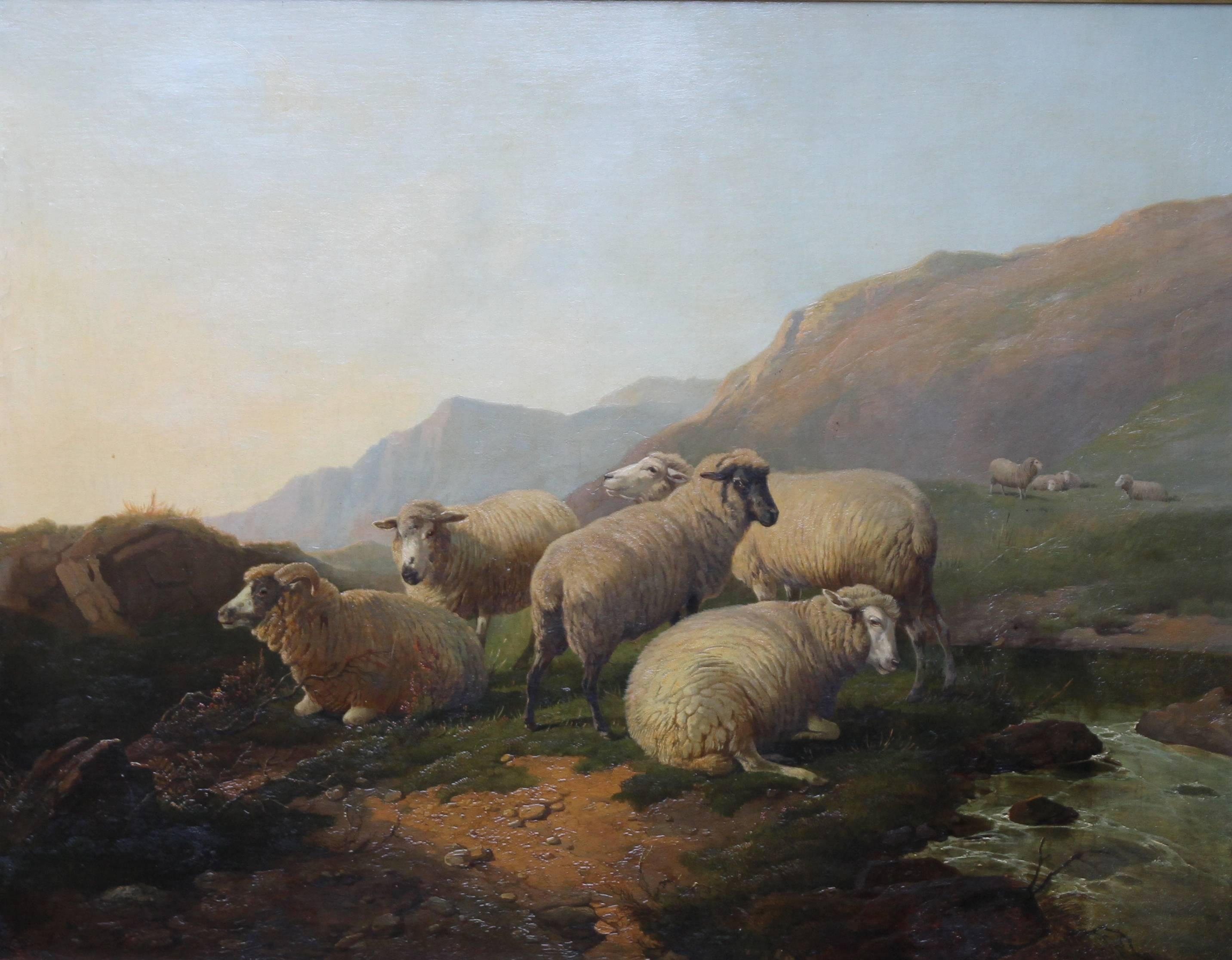 Sheep in an Open Landscape - British Old Master oil painting mountains - Painting by Thomas Sidney Cooper