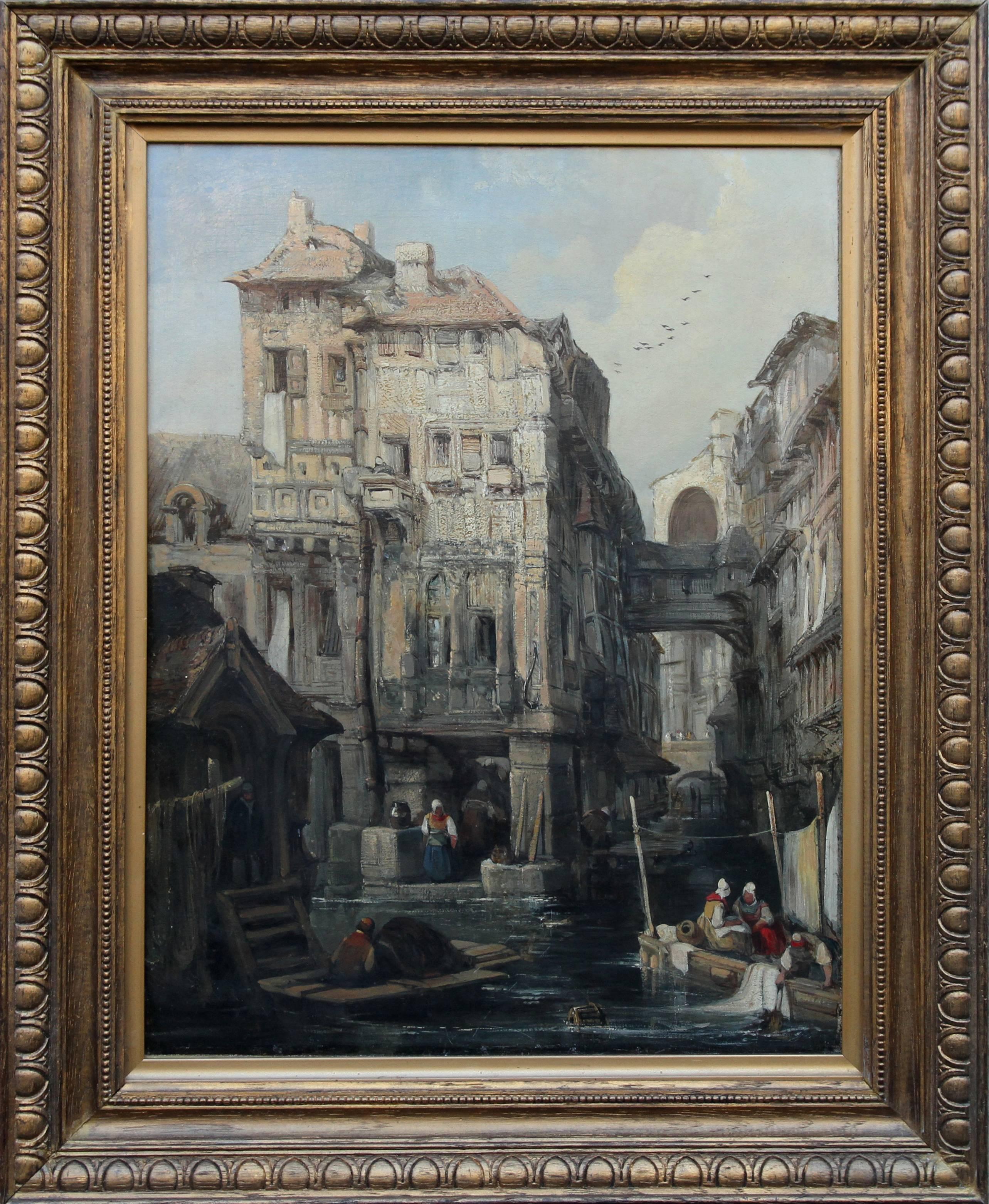 James Holland Landscape Painting - Venice - British Victorian oil painting architecture Italy women laundry art