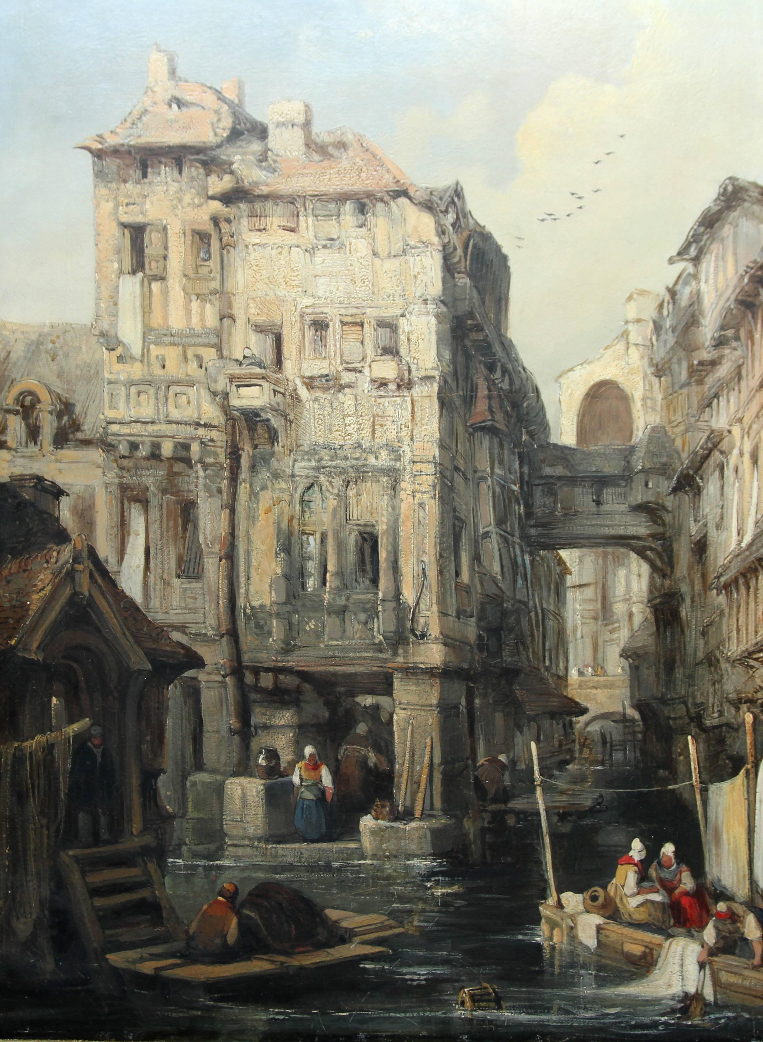 Venice - British Victorian oil painting architecture Italy women laundry art - Painting by James Holland