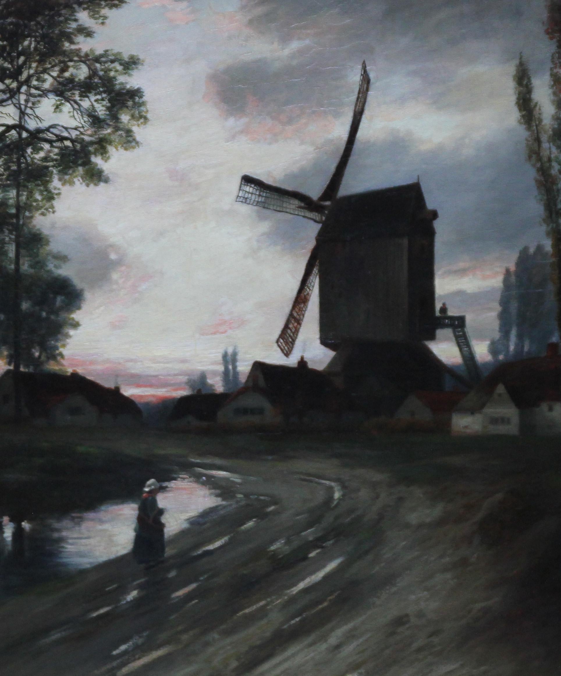 This beautiful oil on canvas circa 1880 is by Scottish artist William Beattie-Brown. The painting is of a windmill by a river at twilight. A  woman is walking by the water, possibly towards a figure who is looking out towards her from the windmill.