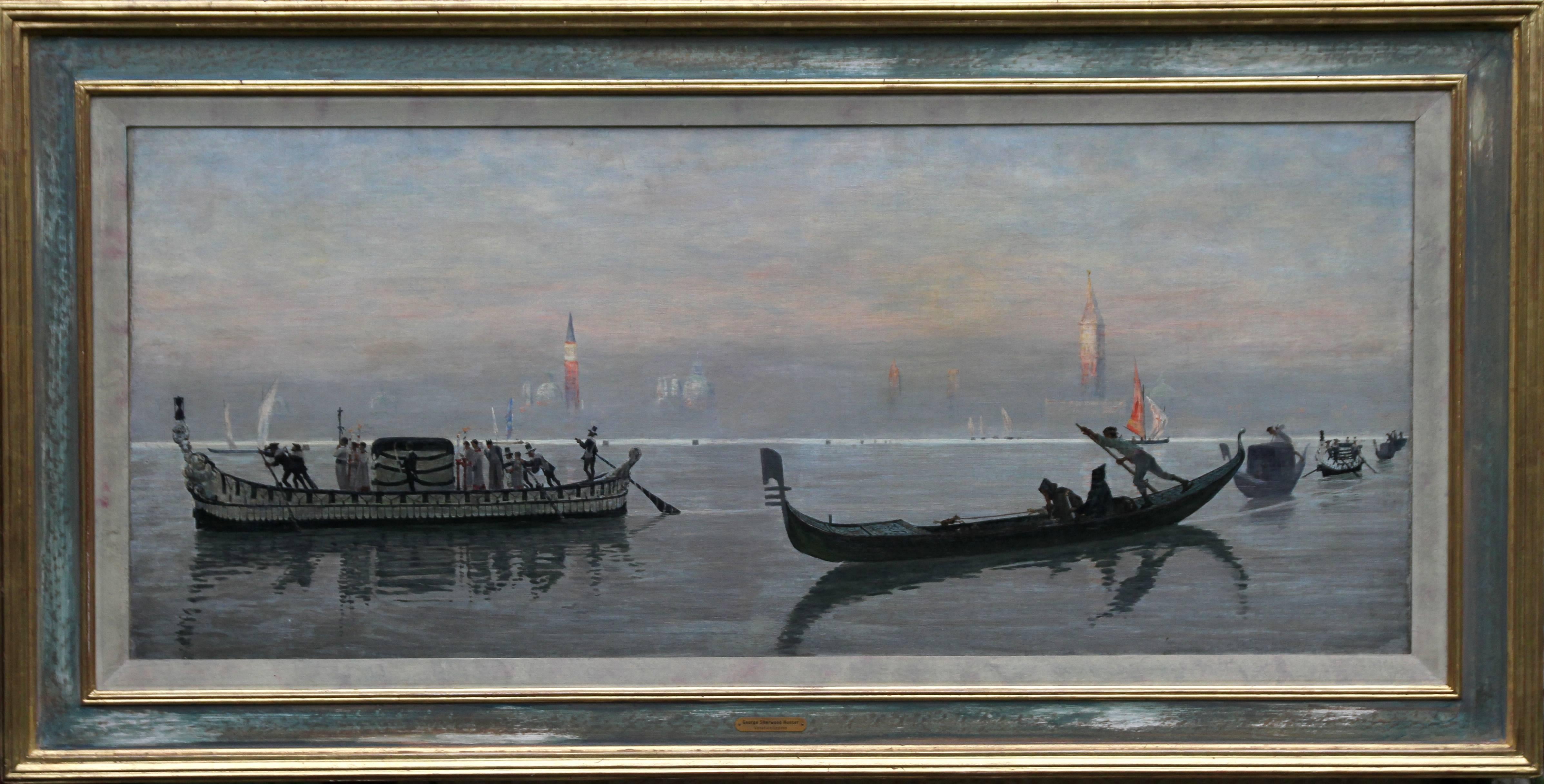 George Sherwood Hunter Landscape Painting - The Venetian Lagoon - The Last Crossing Scottish Realist Art 19thC oil painting