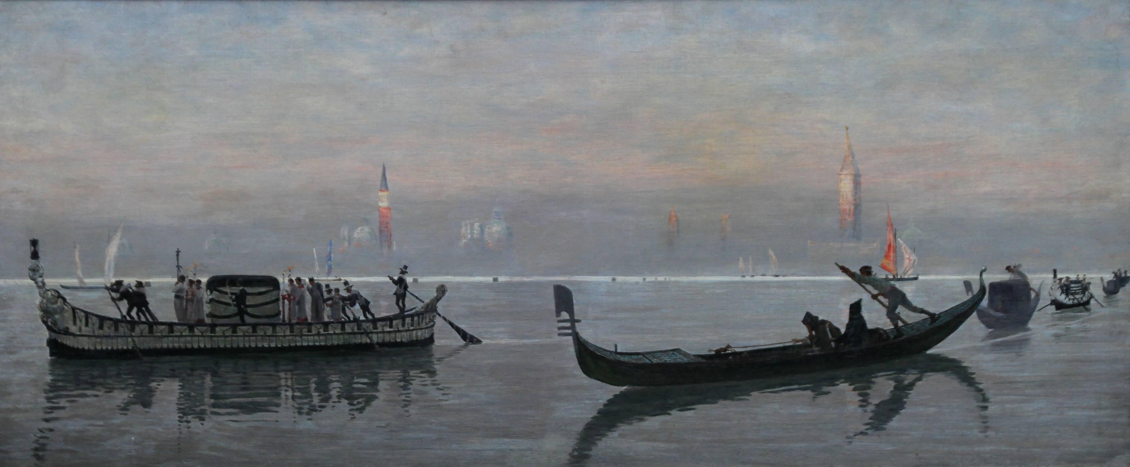 The Venetian Lagoon - The Last Crossing Scottish Realist Art 19thC oil painting - Painting by George Sherwood Hunter