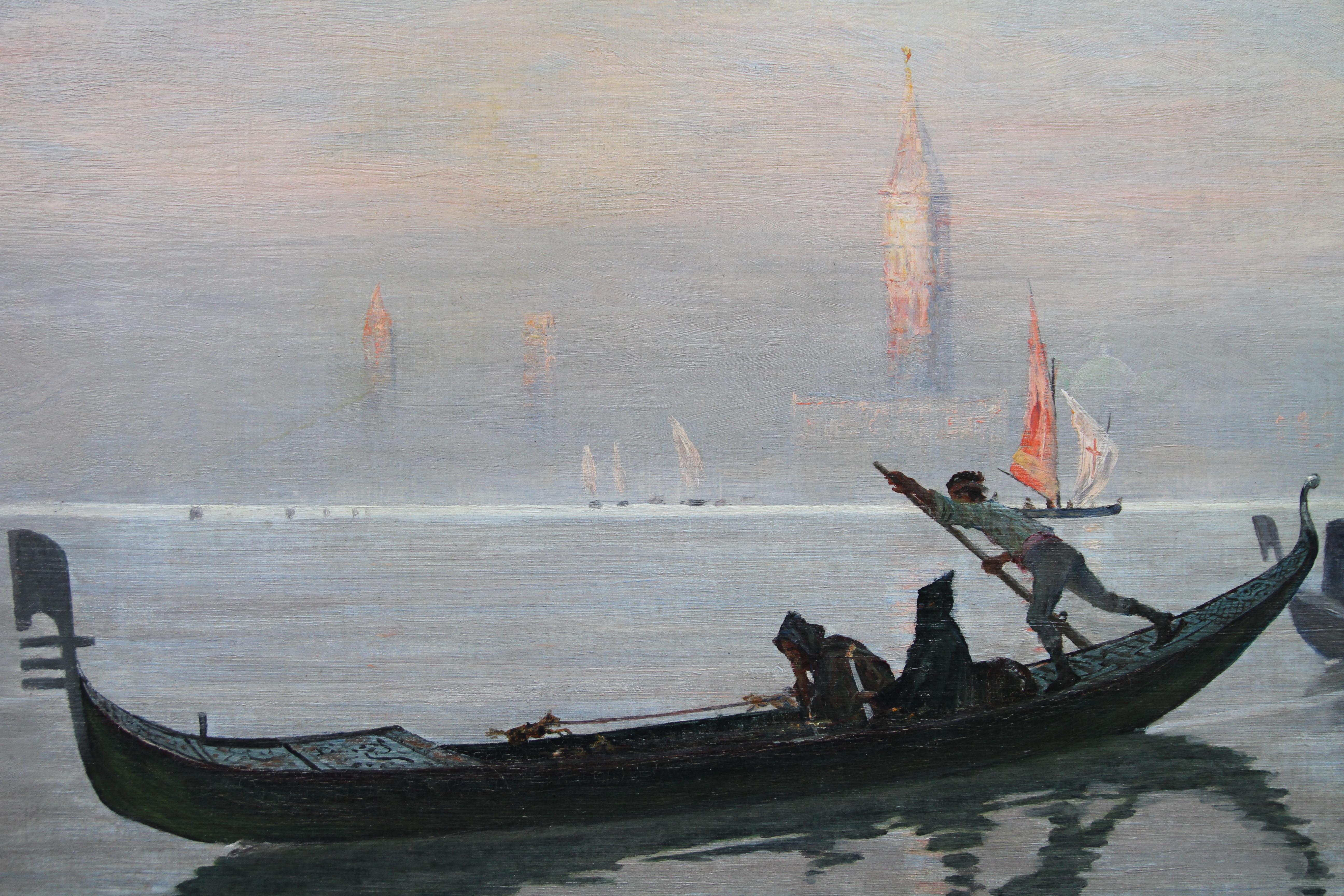 An original circa 1890 oil on canvas by British listed artist George Sherwood Hunter.  It depicts in a pinky blue hot summer tone The Last Crossing at the Venetian Lagoon. An original large oil on canvas, it was painted by a Scottish listed artist