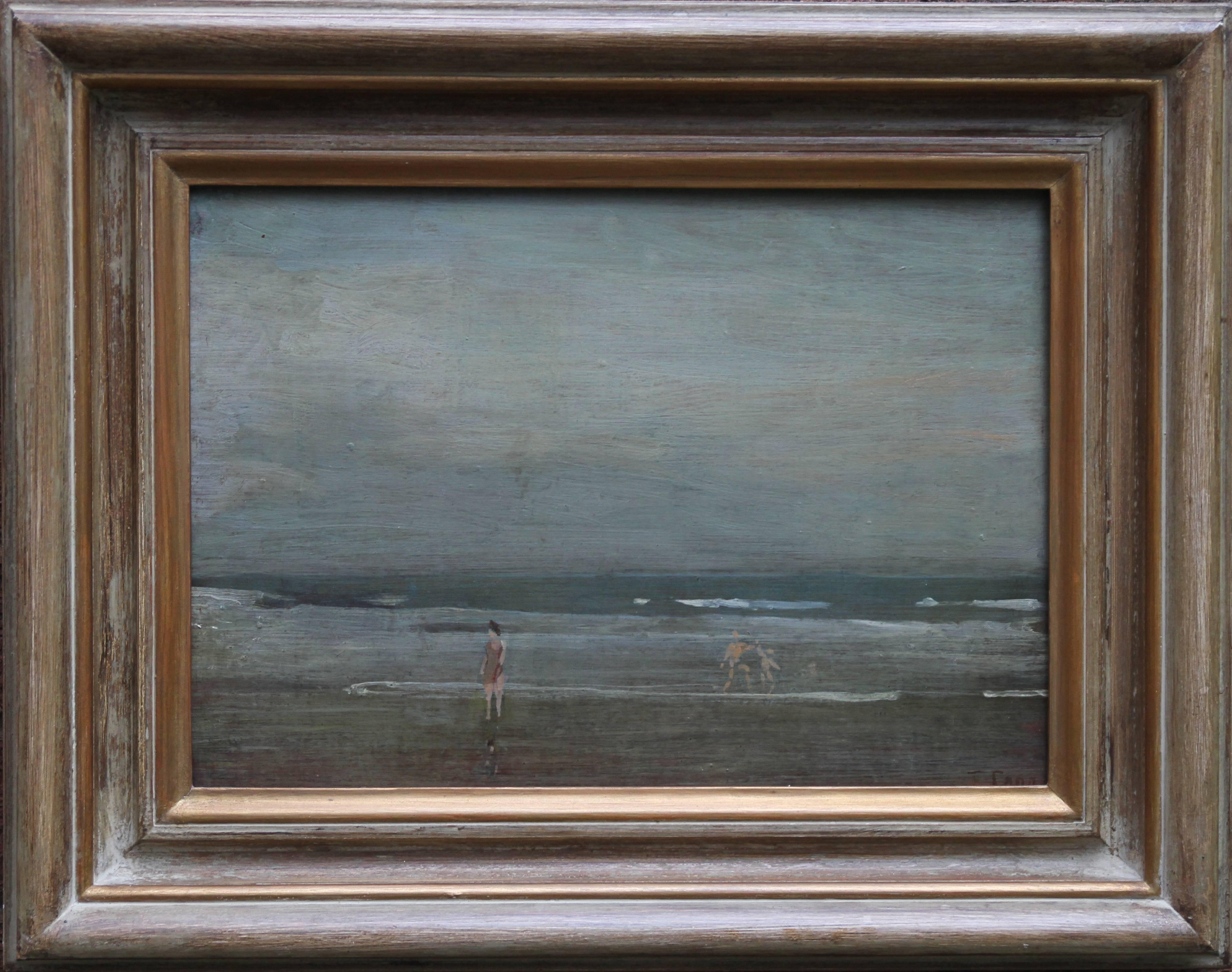 Thomas Carr Landscape Painting - Bathers on Seashore - Irish art 40's Impressionist oil painting marine seascape