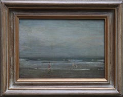 Baigneurs sur le rivage - peinture à l'huile impressionniste irlandaise des années 40 - paysage marin marin