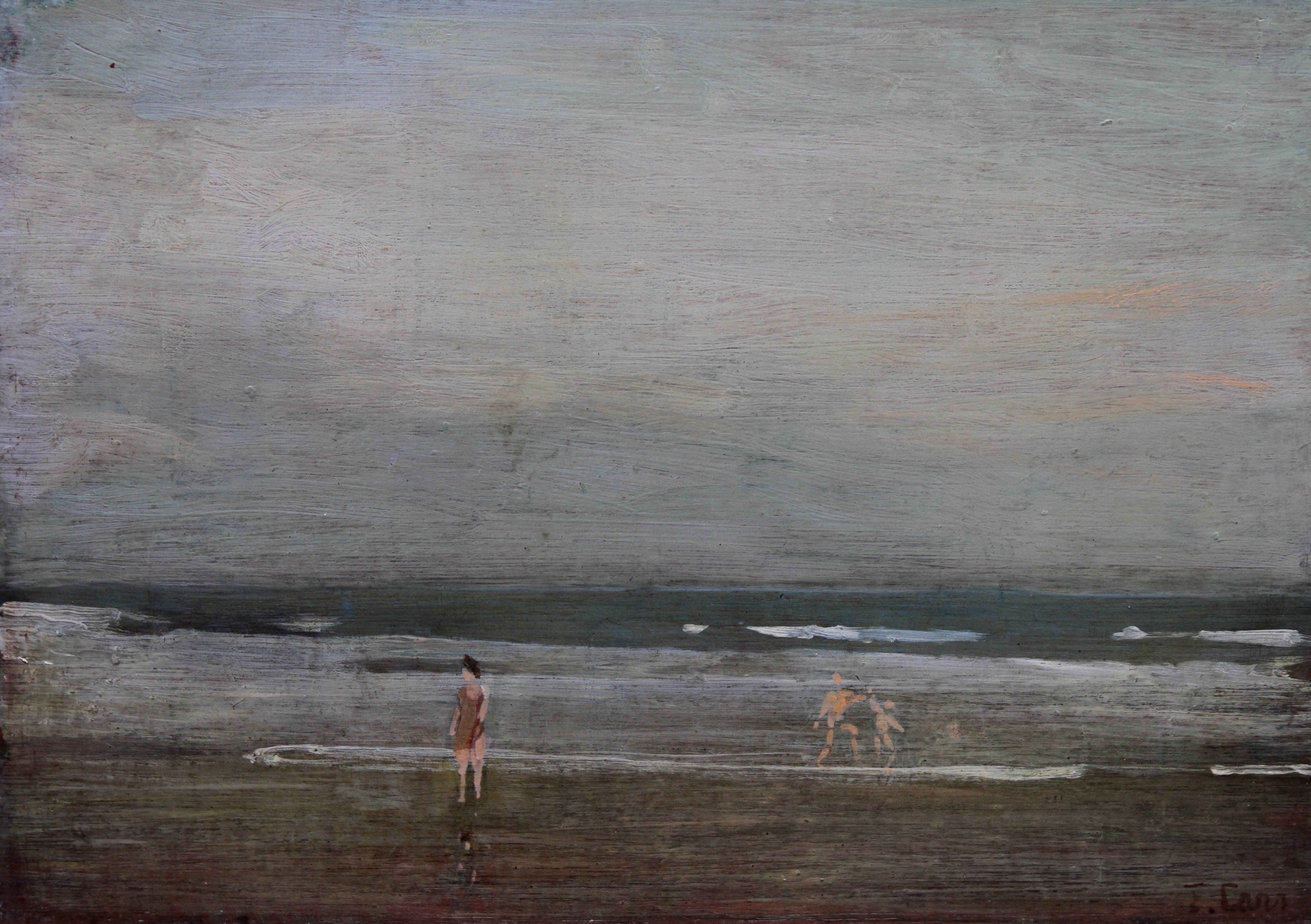 Bathers on Seashore - Irish art 40's Impressionist oil painting marine seascape - Painting by Thomas Carr