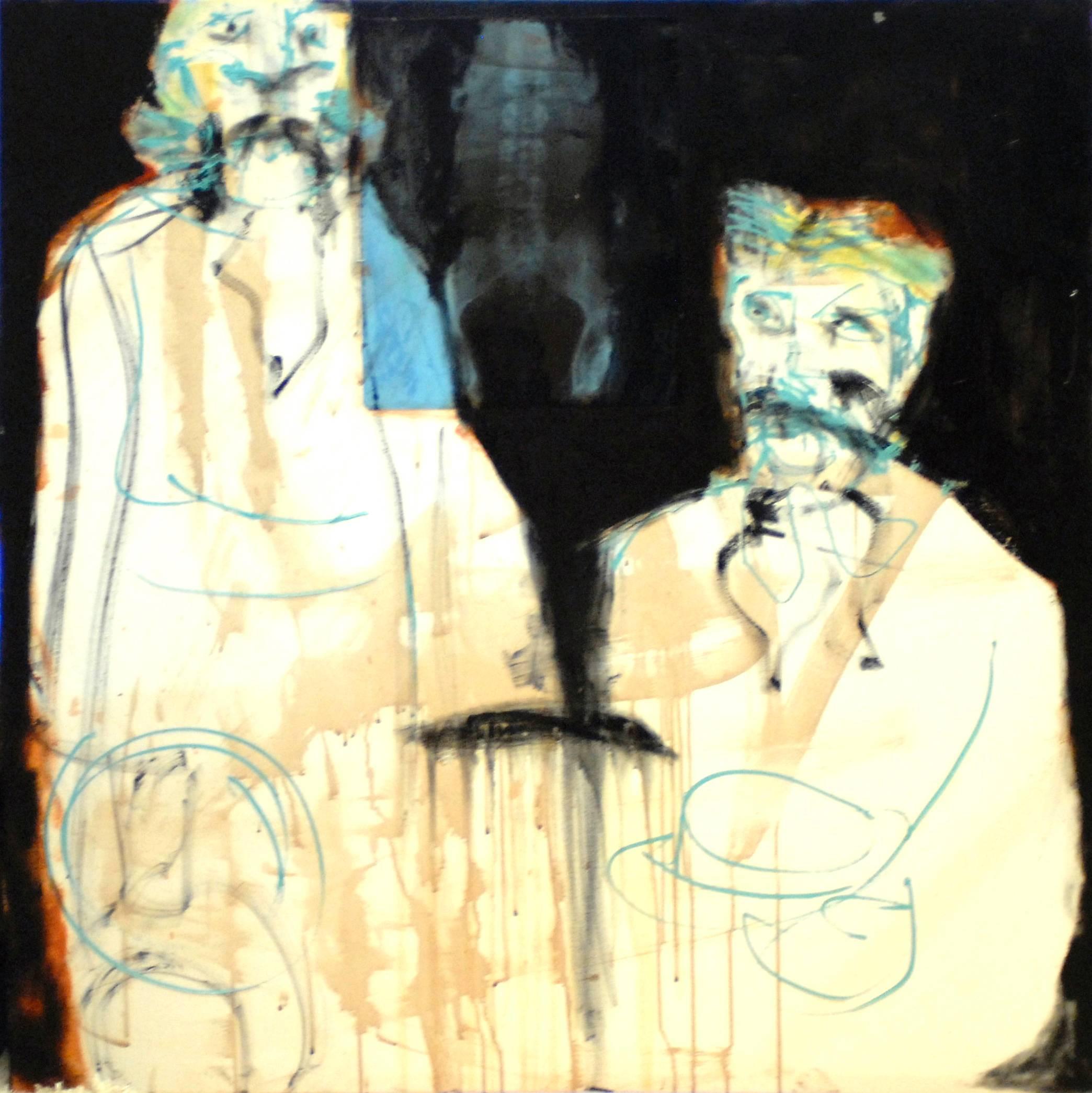 Two Gentlemen Posing for a Picture with Their Hats - Painting by Laurel Hausler